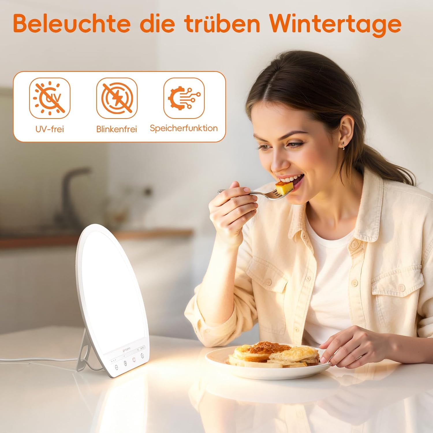 Comfytemp Tageslichtlampe für Schreibtisch, 16.000 Lux, Sonnenlichtlampe, UV-freie Lichttherapie, 19 x 24 cm, Simulation von Tageslicht zur Verbesserung der Schlafstimmung, Konzentration mit Memory-Funktion – Bild 3