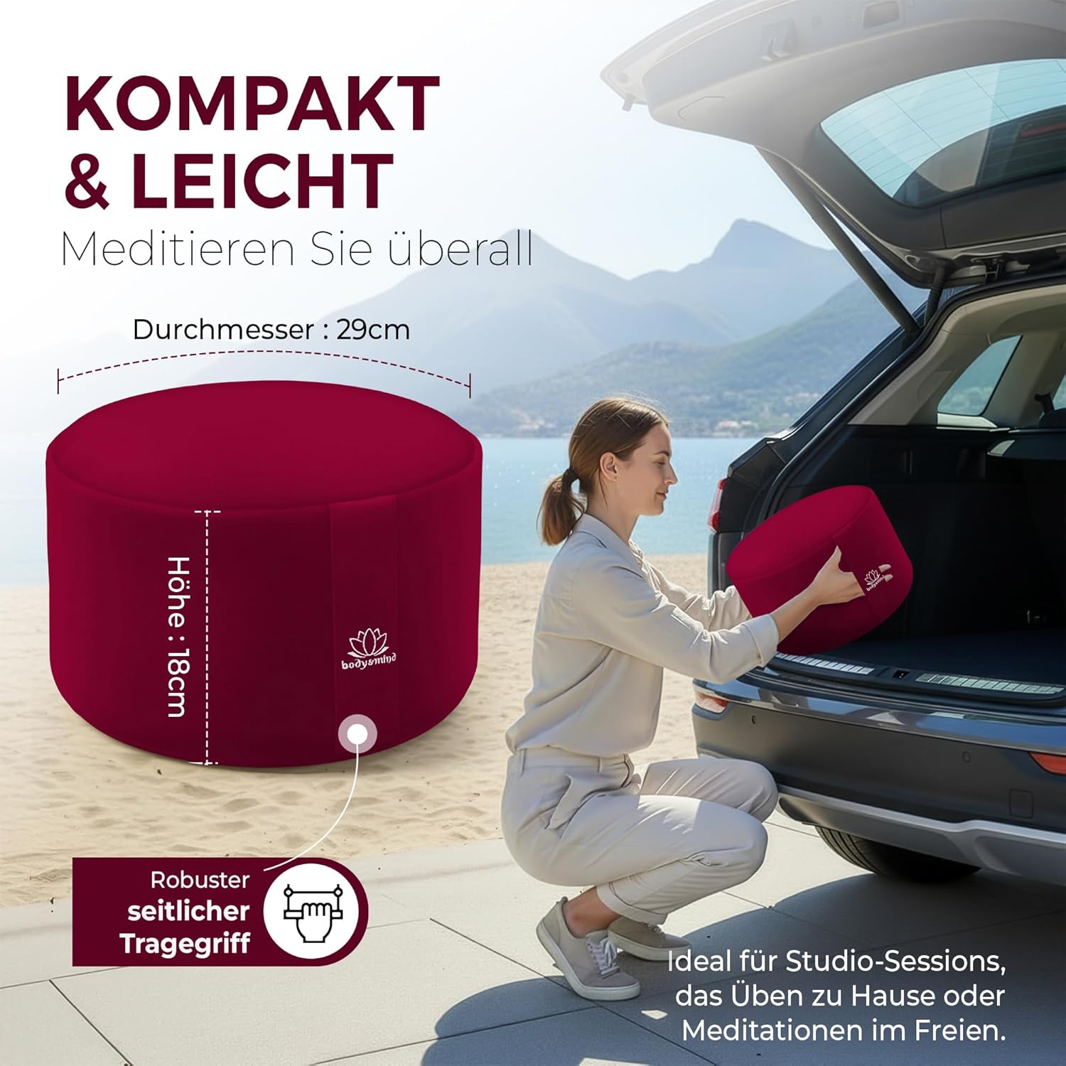 Body & Mind® Yogakissen Meditationskissen Bodensitzkissen Auflage für Meditation & Yoga; Waschbarer Bezug und atmungsaktive Premium-Füllung; 18 cm Sitzhöhe – Bild 6