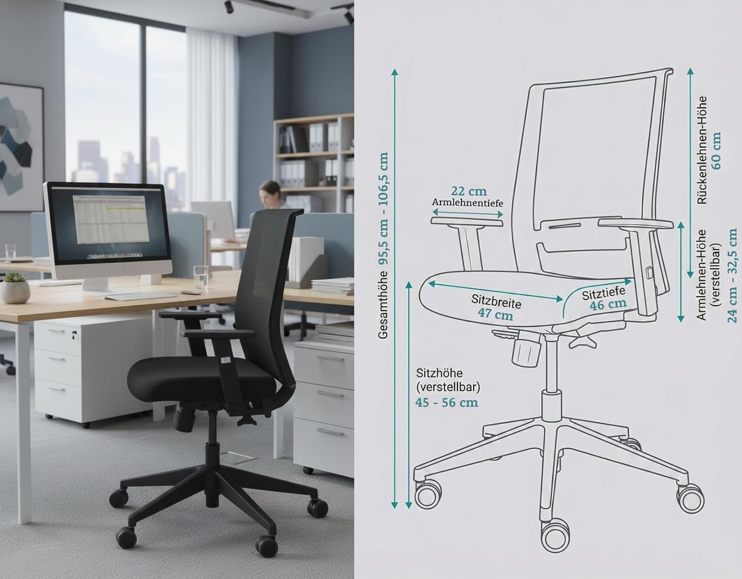 Start Bürostuhl für Home Office & Business, mit vielen ergonomischen Funktionen, ergonomisch & kompakt, sehr einfach zu bedienen, ohne Armlehnen, maximale Belastung 125 kg – Bild 2