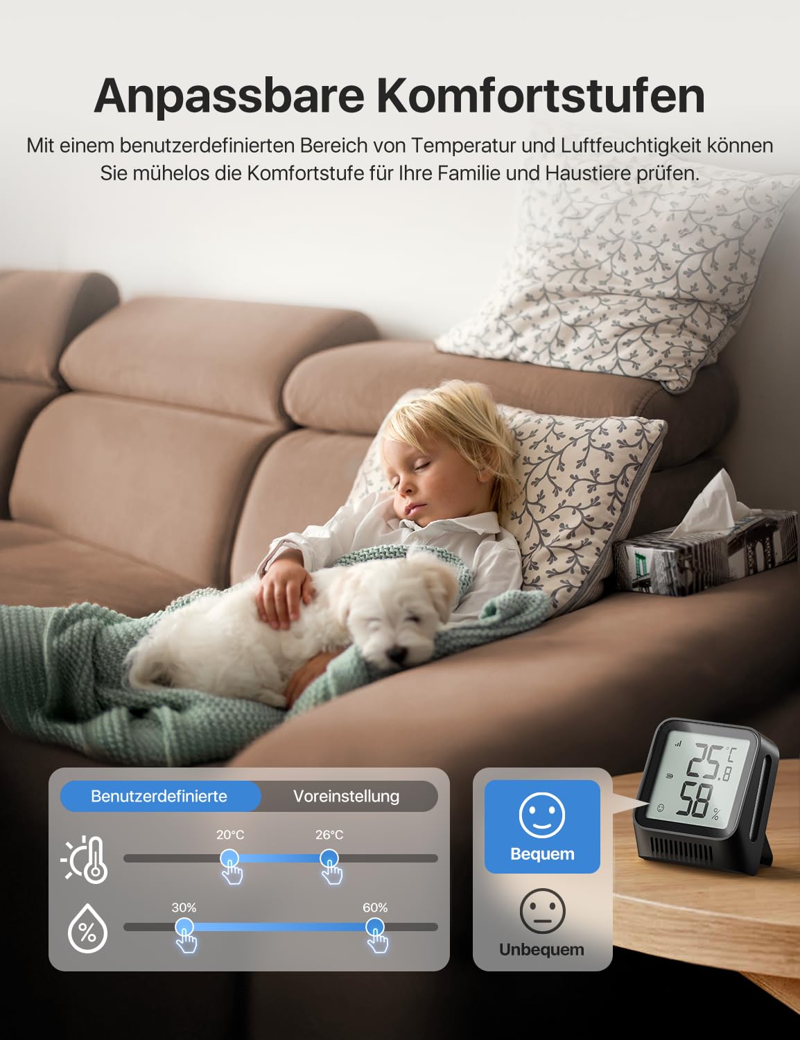 X-Sense WLAN-Thermometer-Hygrometer-Innenraumthermometer mit X-Sense-App, angepasster Komfortbereich, Thermo-Hygro-Datenlogger, Smiley-Anzeige, kompatibel mit Alexa, STH0A – nur mit Basisstation – Bild 3