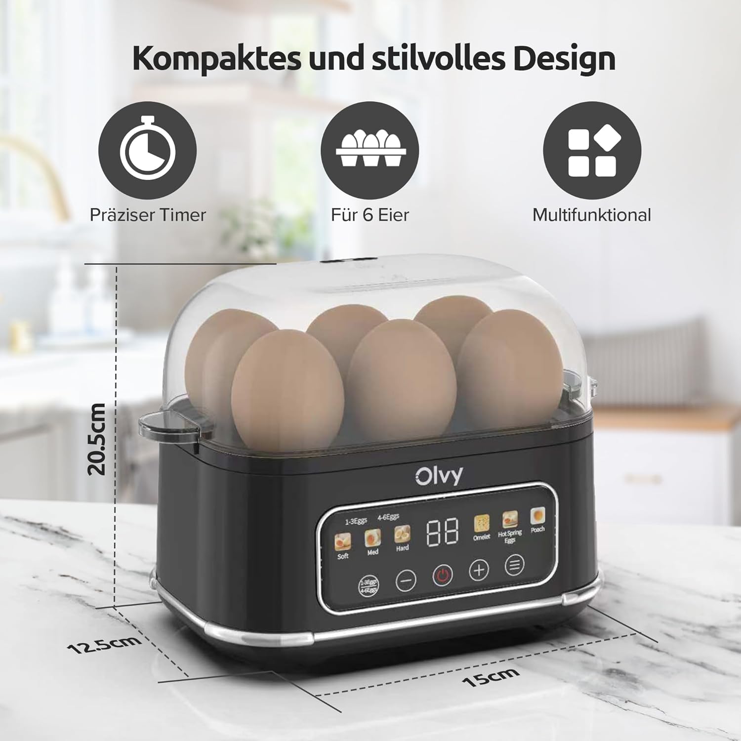 Automatischer Eierkocher von Olvy für 6 Eier – professioneller 6-in-1-Eierkocher mit LCD-Timer und Dampfgarer – ideal für Camping, mit automatischer Abschaltung und spülmaschinenfesten Teilen – Bild 2