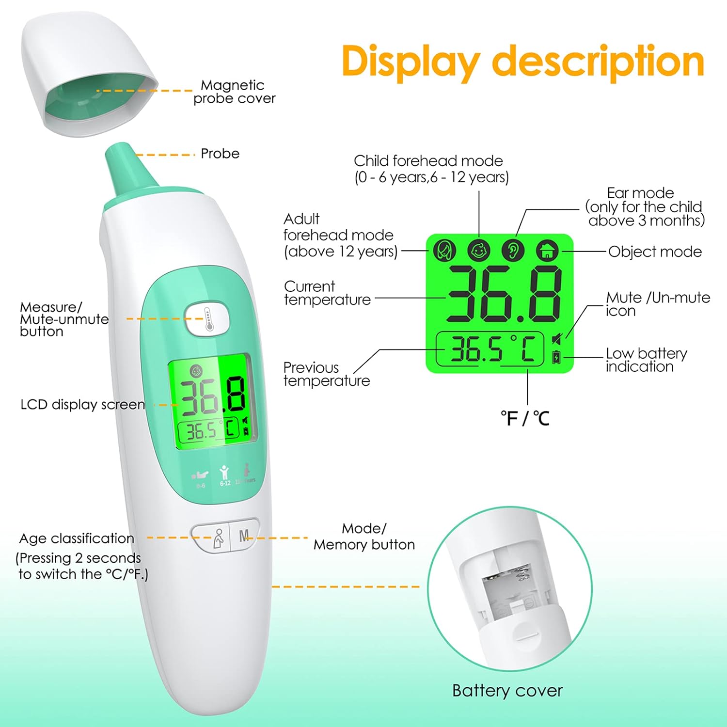 Thermometer, berührungsloses Stirn- und Ohrthermometer, digitales medizinisches Thermometer für Erwachsene, Kinder und Babys, mit Hochtemperaturalarm – Bild 5