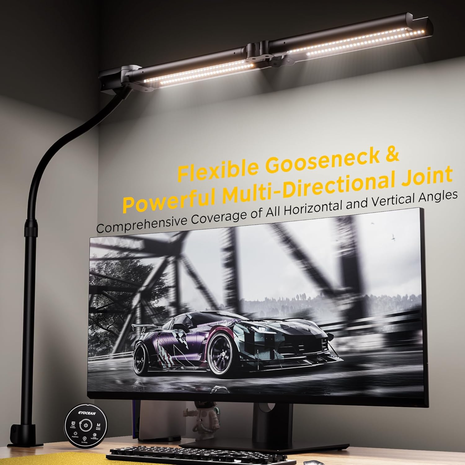 EYOCEAN Schreibtischlampe, 4 Lichtquellen, Teleskopstange mit verstellbarer Höhe, 24 W 100 cm Tageslichtlampe Schreibtisch mit Fernbedienung, dimmbare Monitorlampe, Schwanenhals-Büro-Tischlampe – Bild 4