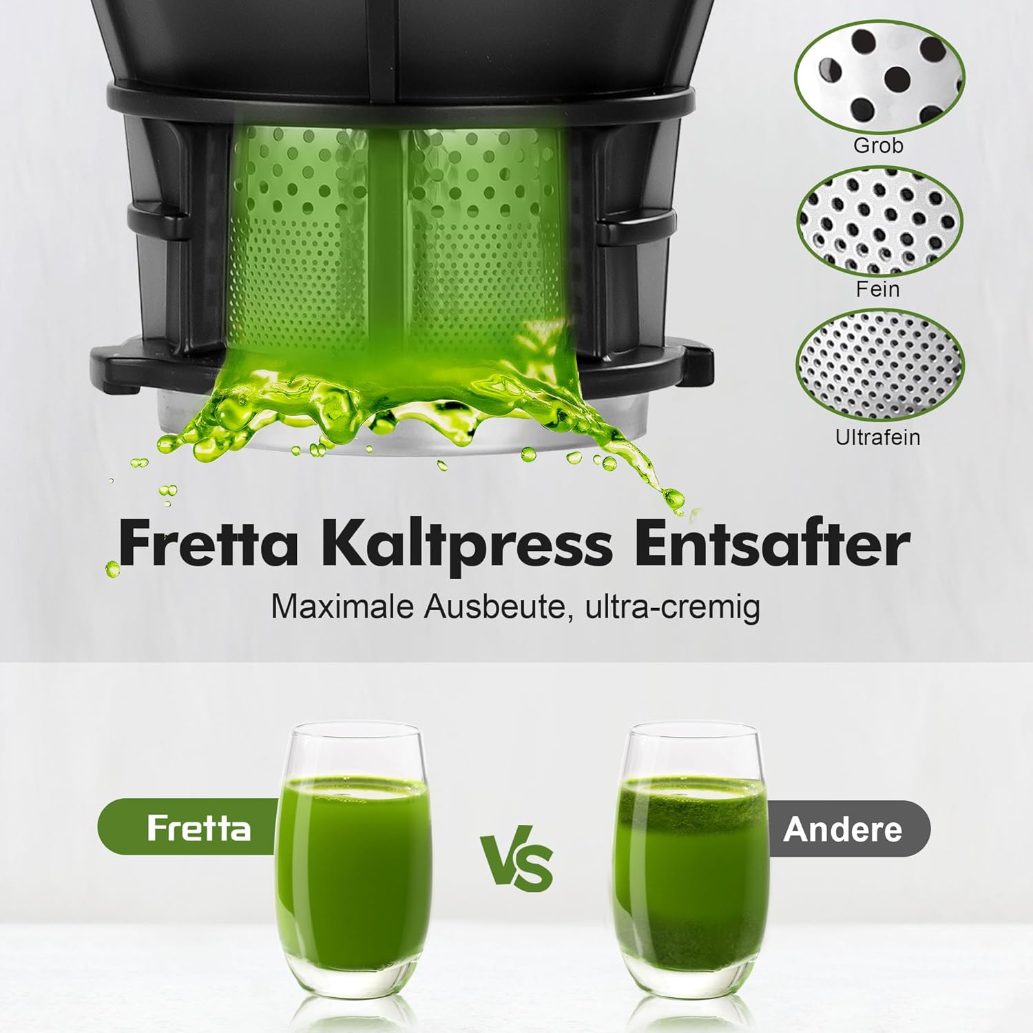 Fretta Juicer Slow Juicer, Edelstahl-Entsafter Gemüse und Obst Testsieger, 135 mm Öffnung und 1,8 l Entsafter-Maschine mit Umkehrfunktion, einfache Installation, leicht zu reinigen, 100 % BPA-frei, 250 W – Bild 5