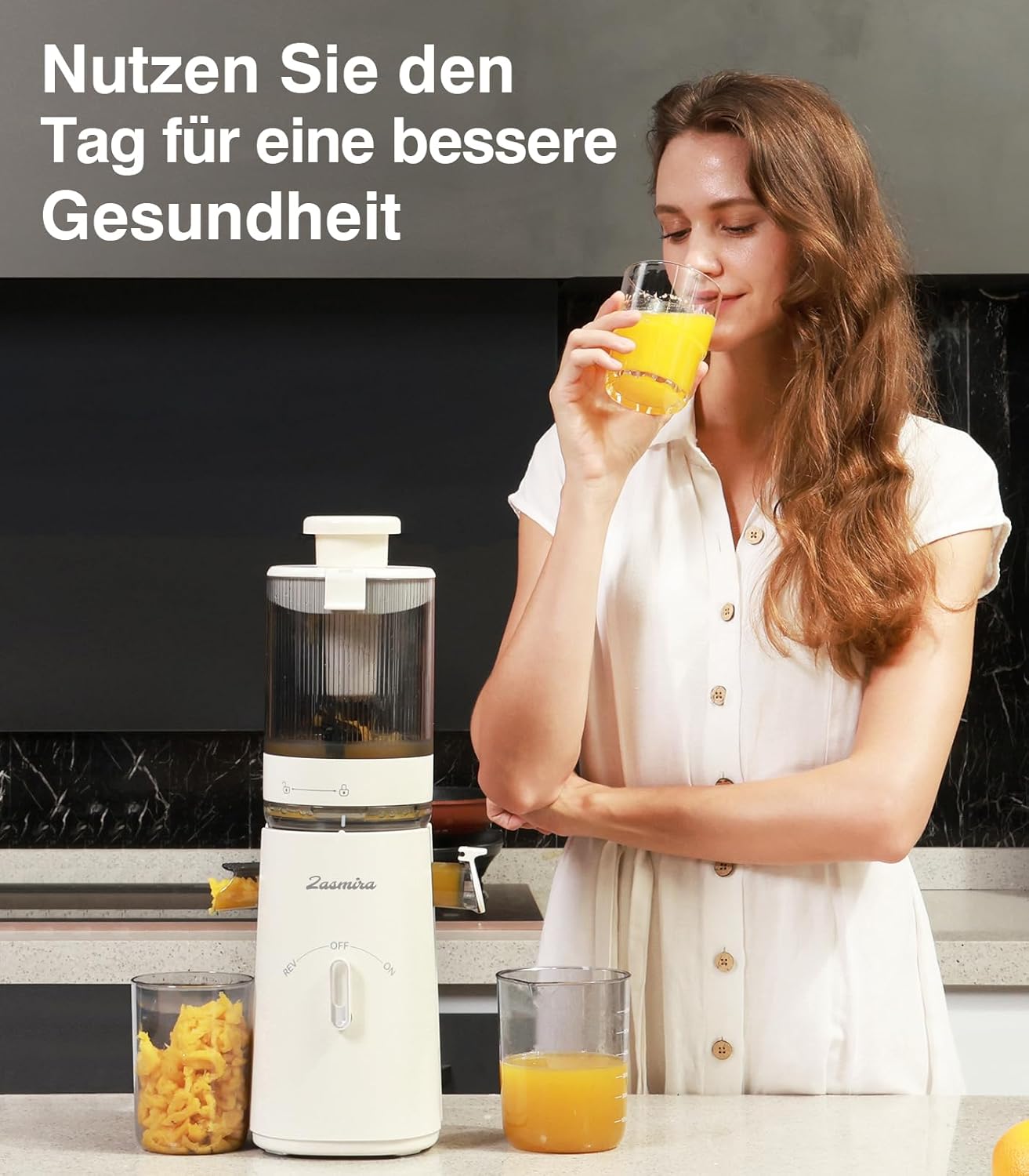 Slow Juicer, Zasmira Entsafter für Gemüse und Obst mit 120 mm breitem Einfüllschacht, hohe Saftausbeute für ganze Gemüse und Früchte, leicht zu reinigen, weiß – Bild 7