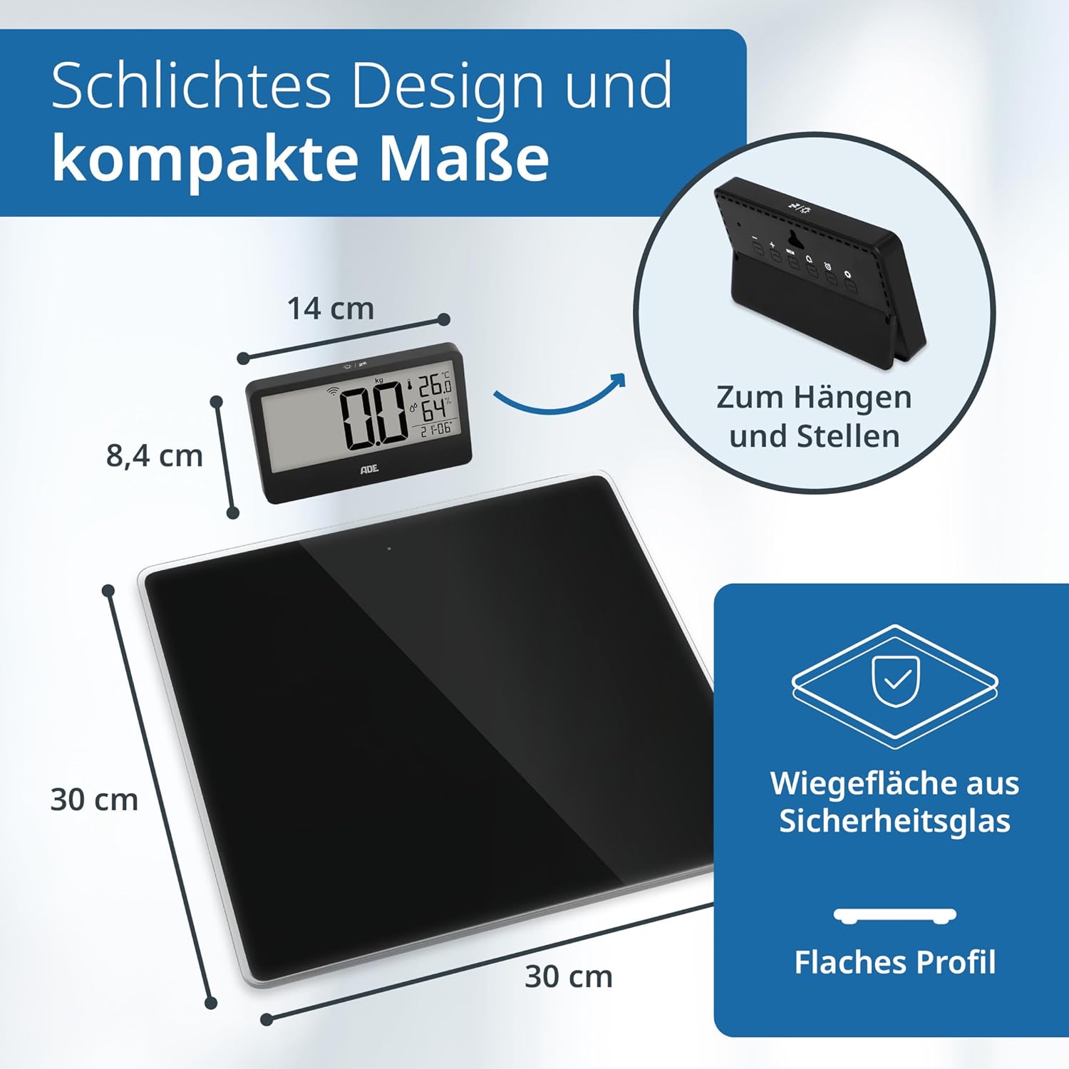 ADE Ronja Digitale Personenwaage mit kabelloser Anzeige bis 180 kg | Lesen Sie auf Augenhöhe, ohne sich zu bücken | Ideale Körperwaage für Senioren | mit Badeuhr, Hygrometer, Innenthermometer | Schwarz – Bild 5