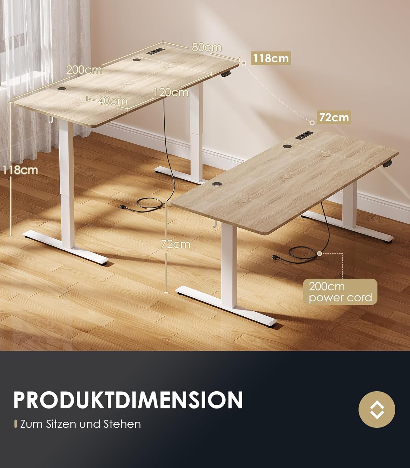 OffiGo höhenverstellbarer Schreibtisch, 200 x 80 cm, elektrischer Schreibtisch mit Steckdosen und USB-Ladeanschluss, Tisch höhenverstellbar mit 2 Memory-Funktionen, Computertisch für Büro, Zuhause, Beige – Bild 4