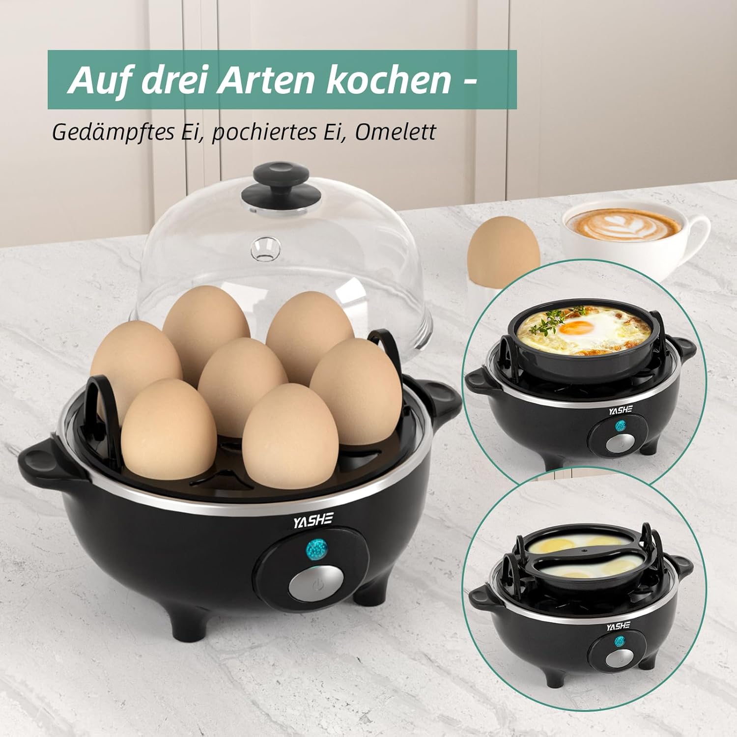 YASHE Eierkocher, 360 W, kompakter Eierkocher, multifunktional, 7 Eier leicht zu pellen, weich, mittel, hartgekocht, Eierbecher, Omelette-Maker, Dampfgarer, Signalton, Kontrollleuchte, BPA-frei – Bild 4