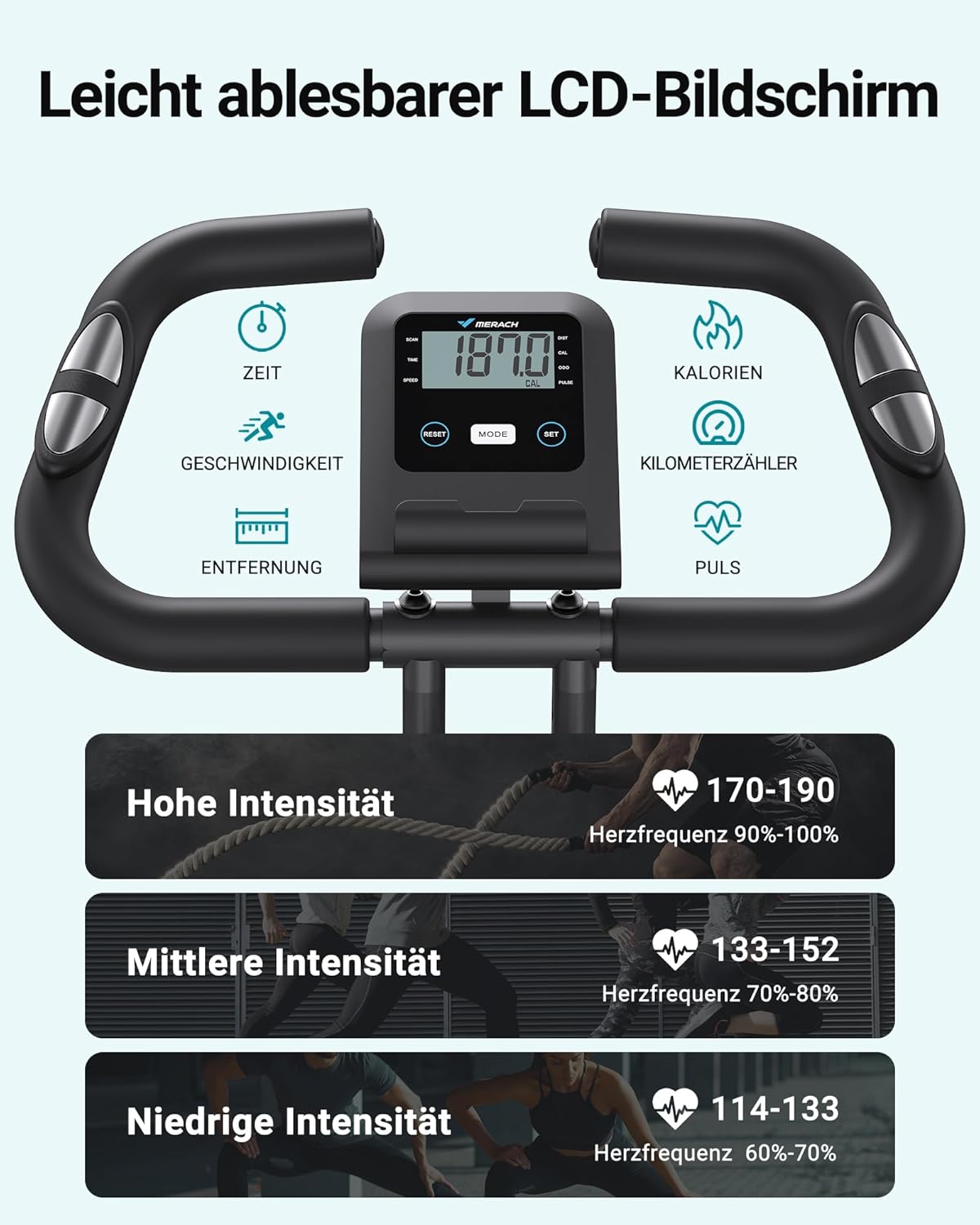 MERACH 4-in-1-Heimtrainer mit eigener Trainings-App, leises Heimtrainer-Fahrrad, 16-facher magnetischer Widerstand, LCD-Display, Handpulsmessung, faltbarer Heimtrainer, bequemer Sitz, Widerstandsband – Bild 6