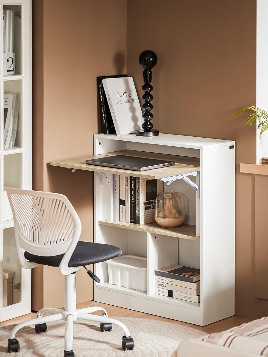 SoBuy FWT104-WN Schreibtisch mit klappbarer Arbeitsfläche, kompakter Computer- und Arbeitstisch, platzsparender Tisch für Heimbüro und Büro, Weiß und Natur, 70 x 57 x 85 cm – Bild 2