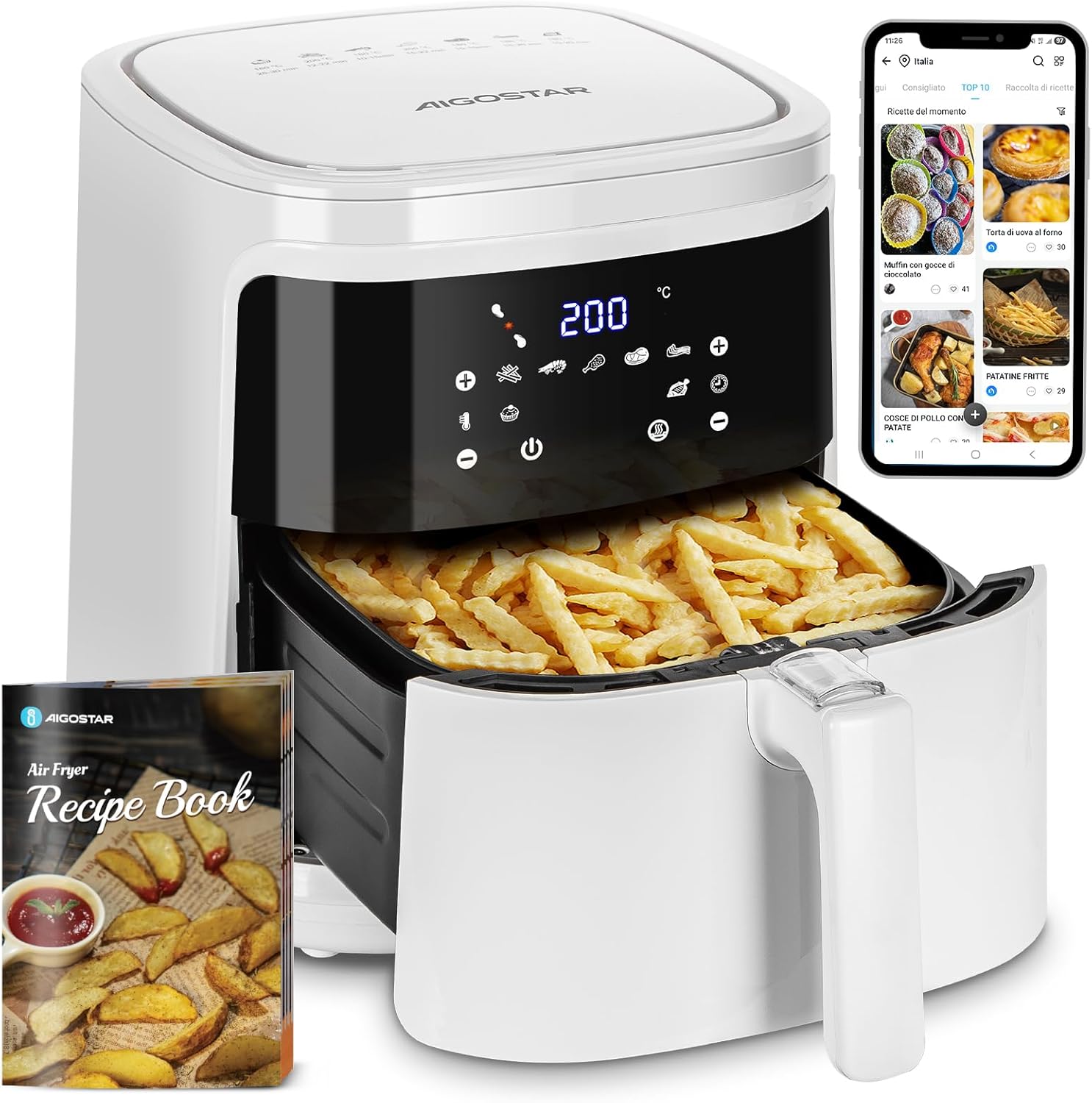 Aigostar White Cube, Smart Heißluftfritteuse 7L XXL Fritteuse Heißluft 1900W Heißluftfritteuse, App-Steuerung, 7 Programme, Warmhalten, 20 Rezepte, 6-10 Personen, Digitale LED-Touchscreen-Luftfritteuse