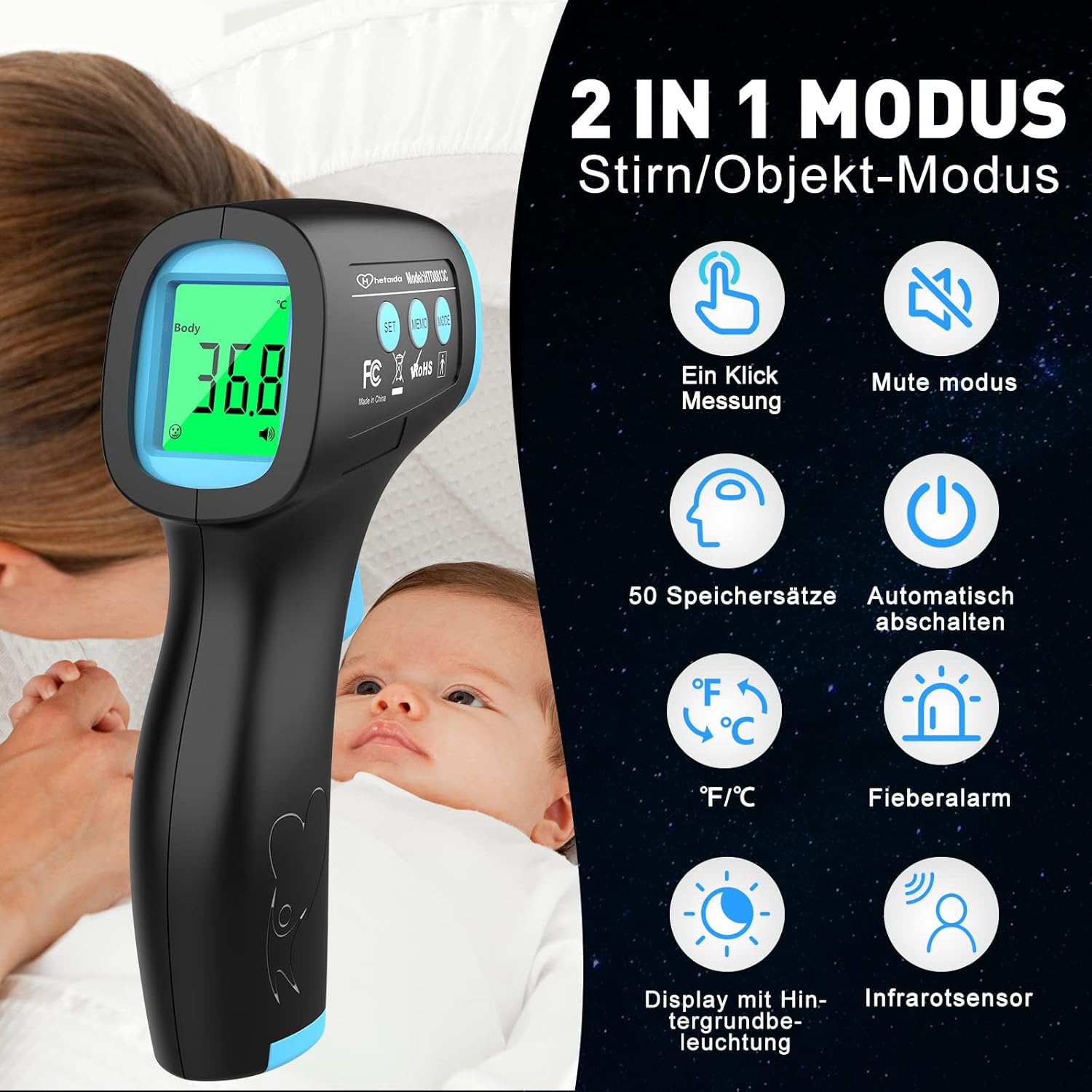 Fieberthermometer, kontaktloses Infrarot-Stirnthermometer für Babys und Erwachsene, digitales Fieberthermometer mit sofortigen und genauen Messwerten, Fieberalarm, 50-Speicherfunktion – Bild 2