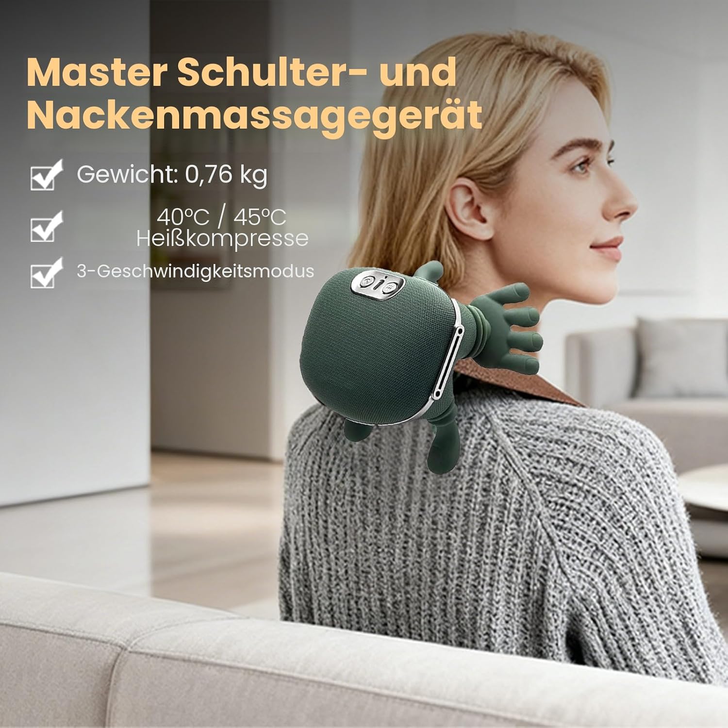 Massagegerät, 4D Bionic Heat Massagegerät, Schultermassagegerät für Nacken und Schultern mit Heizung, 3 Geschwindigkeitsstufen, 2 Wärmeeinstellungen (40 °C/45 °C), USB, für Zuhause/Müdigkeit lindern – Bild 5