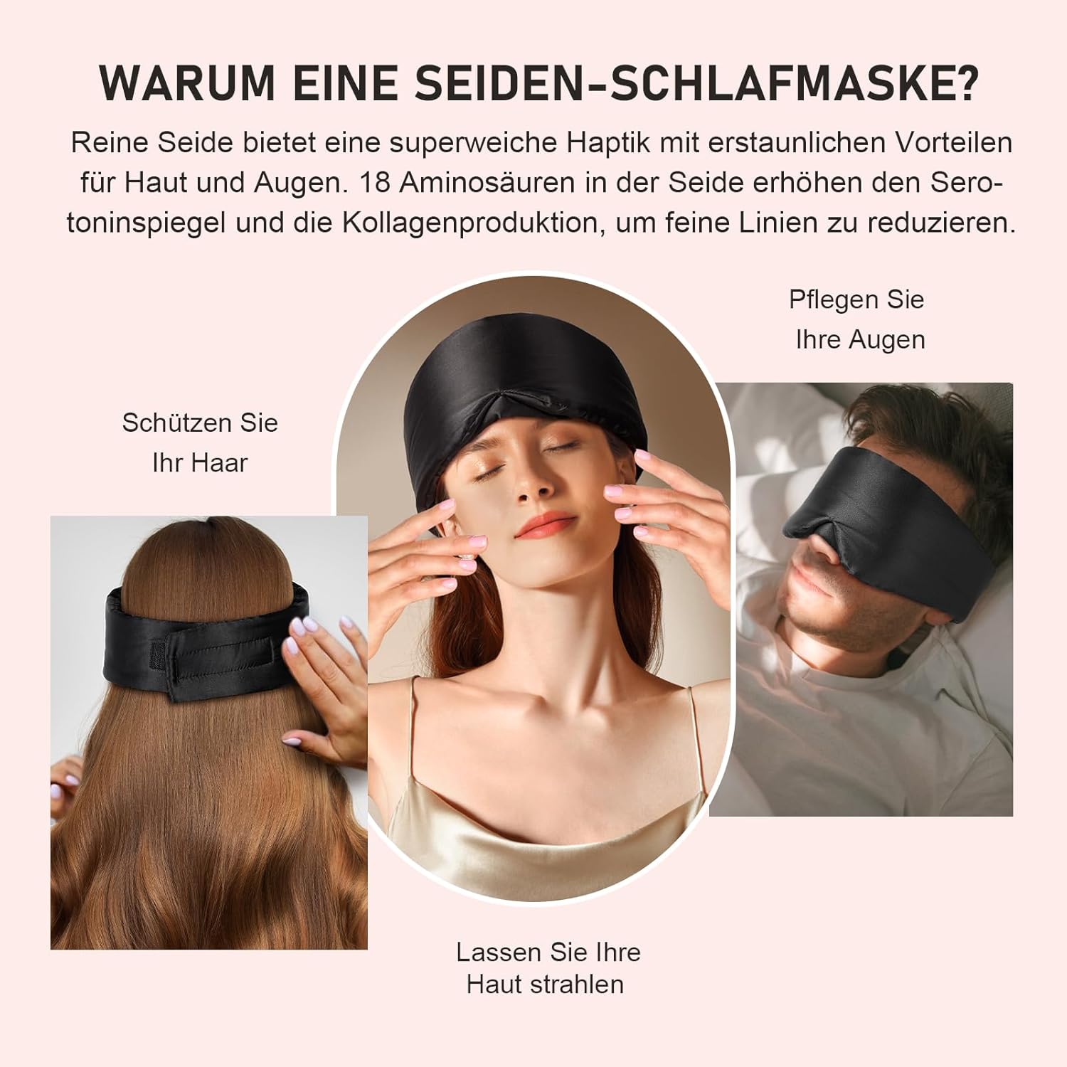 LitBear Seiden-Schlafmaske für Seitenschläfer, Augenmaske für Damen und Herren, 100 % 22 Momme reine Maulbeerseide, gesichtsverstellbare, gepolsterte Seiden-Augenbinde mit verstellbarem Kopfband (schwarz) – Bild 6