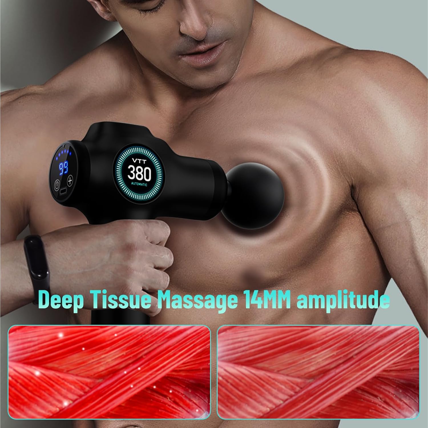 Tiefengewebe-Massagepistole, 99-Gang-Massagepistole mit LCD-Touchscreen und 8 Massageköpfen, tragbares, geräuscharmes Massagegerät zur Linderung von Muskelkater und Verspannungen, wiederaufladbar über USB-C – Bild 8