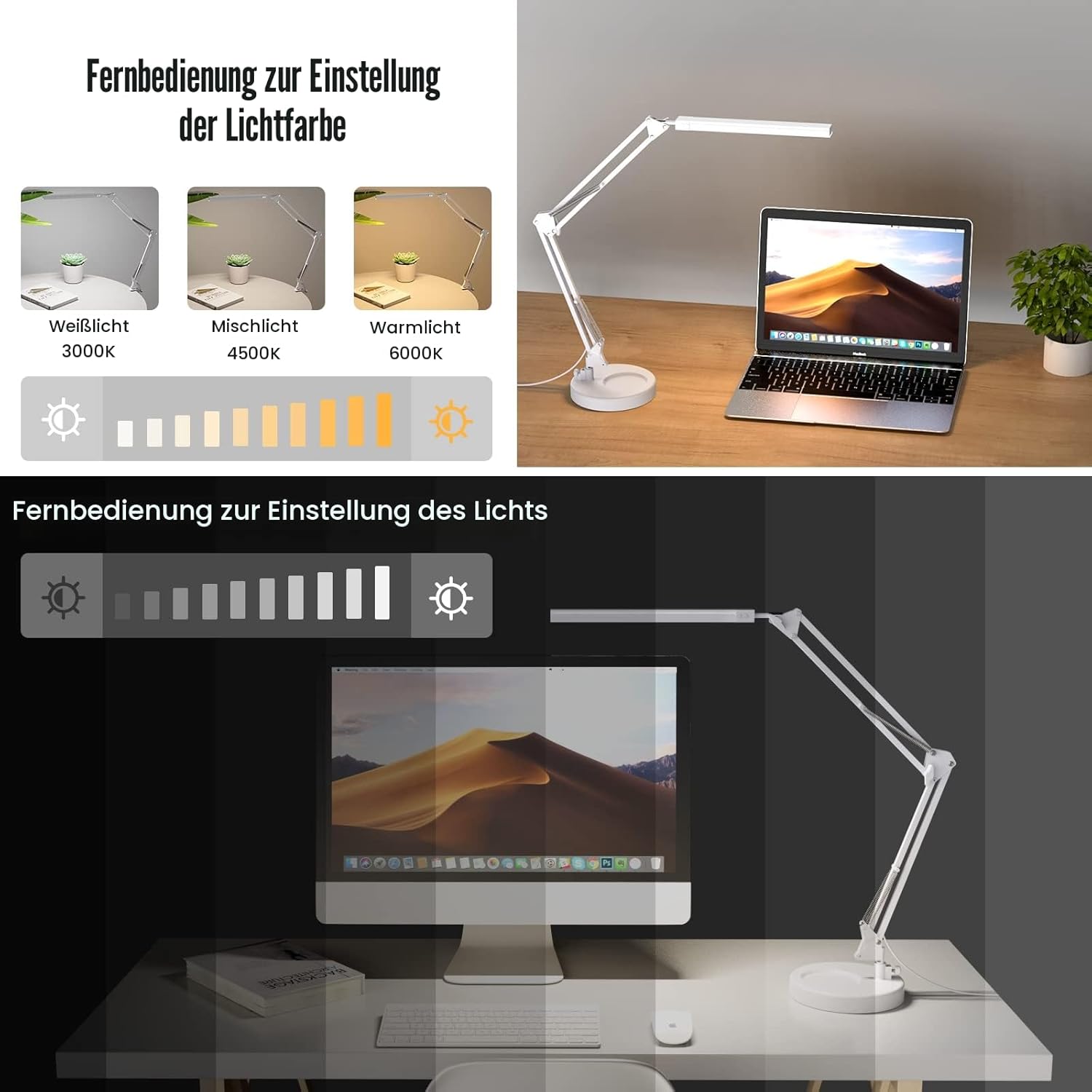 SKYLEO Schreibtischlampe dimmbar – Tischlampe mit Clip und Sockel – Augenschutz-LED-Schreibtischlampe – 3 Lichtmodi x 10 Helligkeitsstufen – Weiß – Bild 2