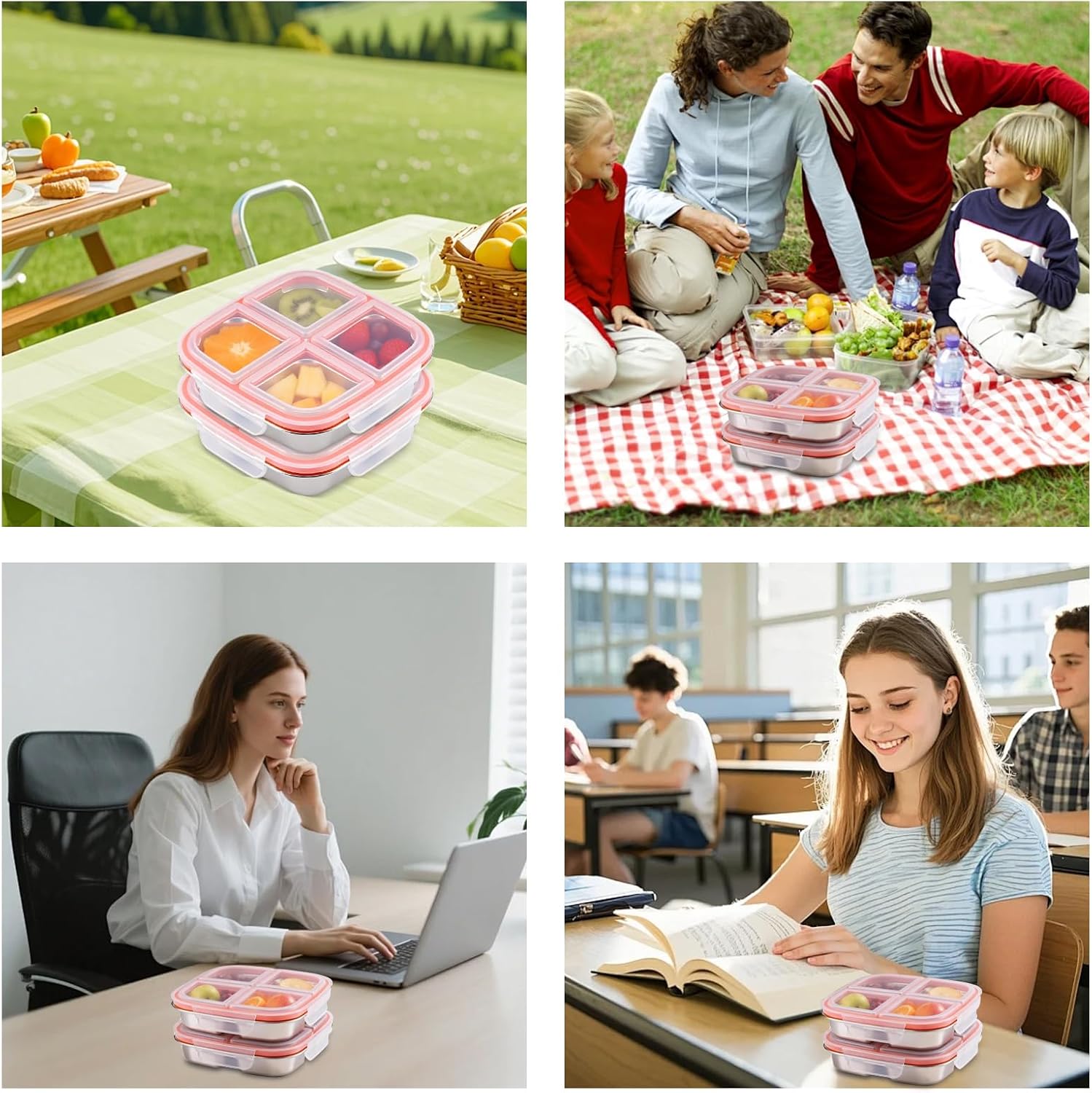 Snackbox, 2 Stück Bento Box, Snackbox mit Fächern Brotdose Edelstahl für Meal Prep Behälter, Leckdichte Metall Bento Box Mit Deckel für Schule, Arbeit Camping Brotdose Mit Fächern (600ml) – Bild 7