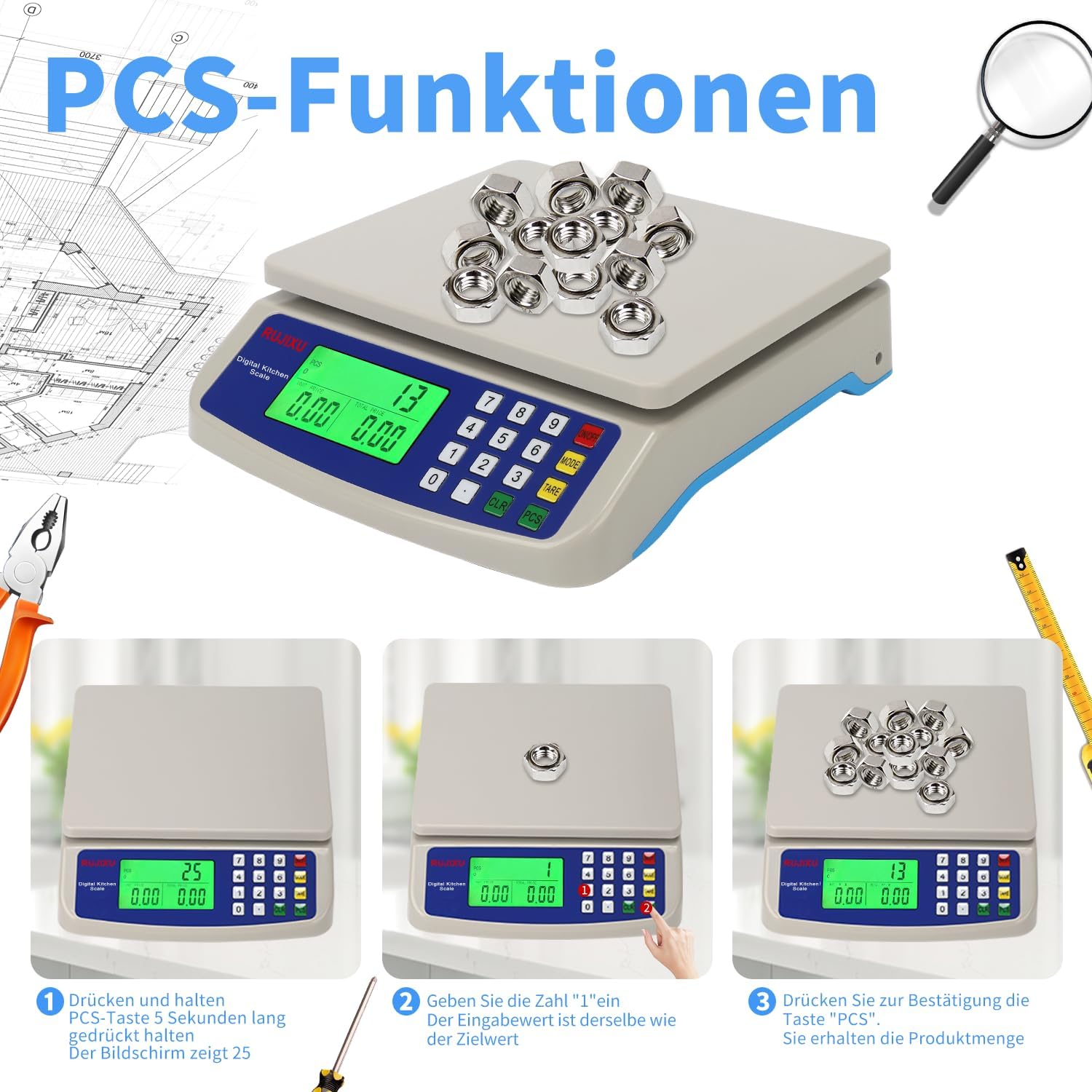 Digitale Waage bis 30 kg, große Küchenwaage, Obstwaage mit LCD-Display und Tara-Funktion, digitale Waage mit PCS-Zählwaage, 3-Einheiten-Umrechnung – Bild 5