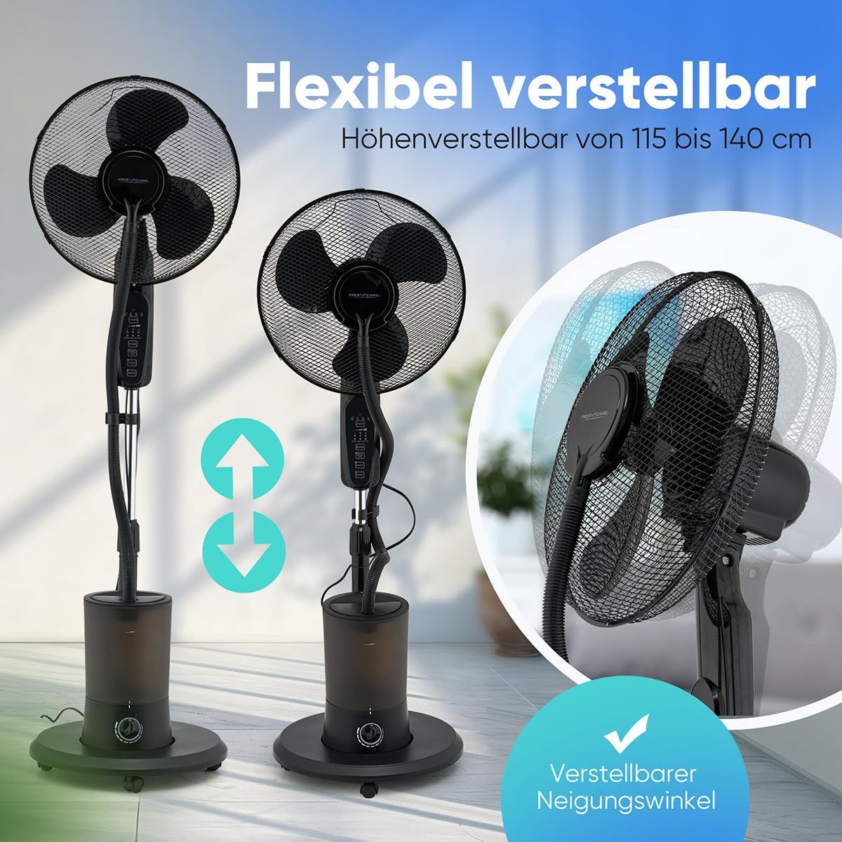 ProfiCare Leise Ventilator mit Luftbefeuchter, Schwenkfunktion, Höhe und Winkel verstellbar, 3 Stufen, Timer, Standventilator, sehr leise, Ventilator mit Fernbedienung, Ventilator PC VL 3142 LB – Bild 4