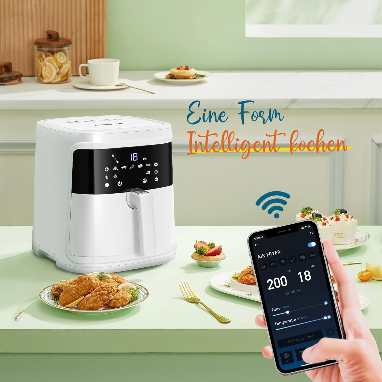 Aigostar White Cube, Smart Heißluftfritteuse 7L XXL Fritteuse Heißluft 1900W Heißluftfritteuse, App-Steuerung, 7 Programme, Warmhalten, 20 Rezepte, 6-10 Personen, Digitale LED-Touchscreen-Luftfritteuse – Bild 2