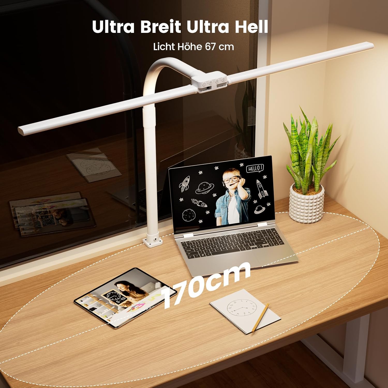 SIBRILLE Doppelkopf-Schreibtischlampe LED dimmbar, klemmbare Monitorlampe, Tageslichtlampe für Büro, Augenschutz-PC-Lampe, Tischlampe mit Schwanenhals weiß – Bild 2