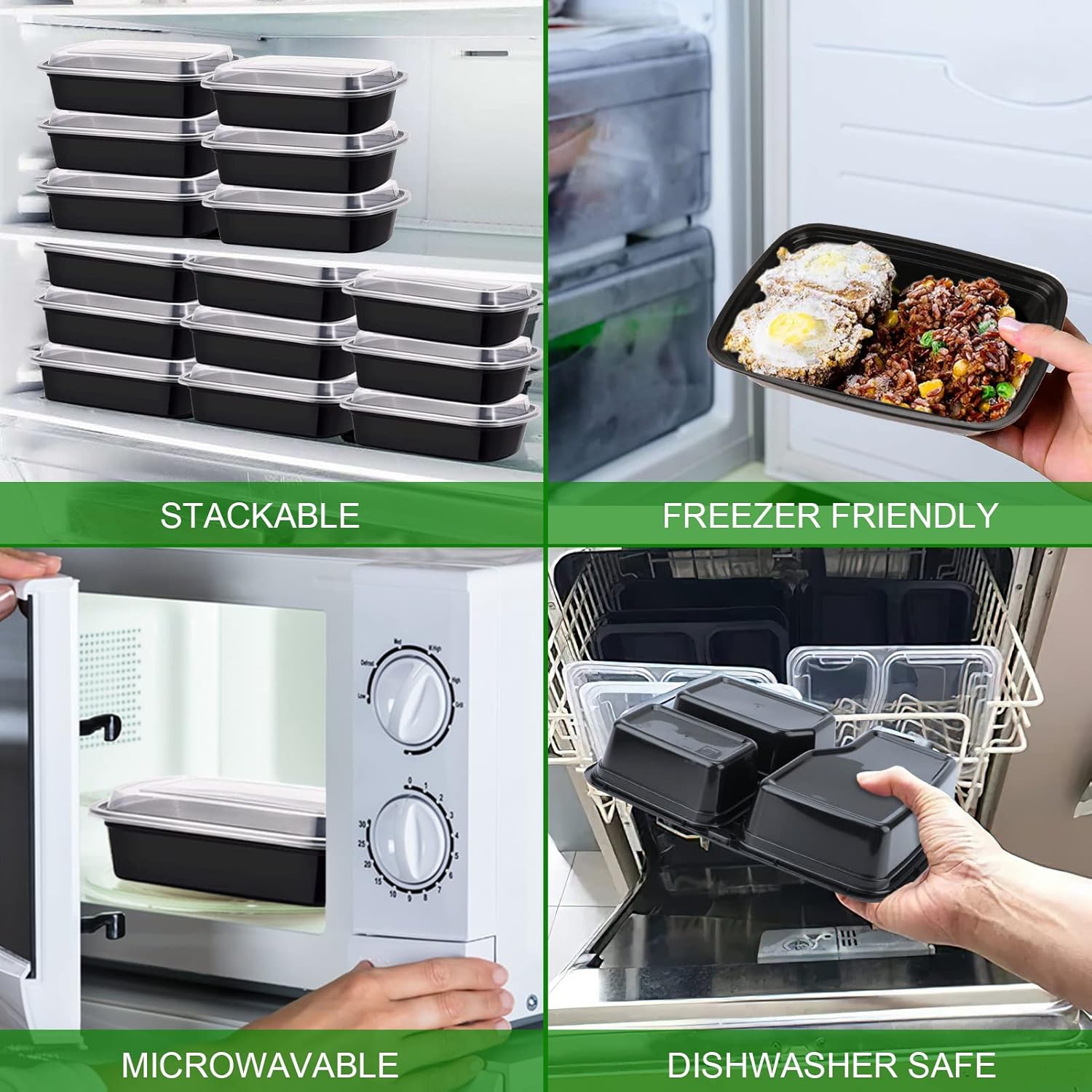 Behälter für die Zubereitung von Mahlzeiten mit 3 Fächern – Bento-Lunchboxen, BPA-freie wiederverwendbare Lebensmittelaufbewahrung mit luftdichtem Deckel, gefrier-, mikrowellen- und spülmaschinenfest – 10 Stück, 32 oz – Bild 4