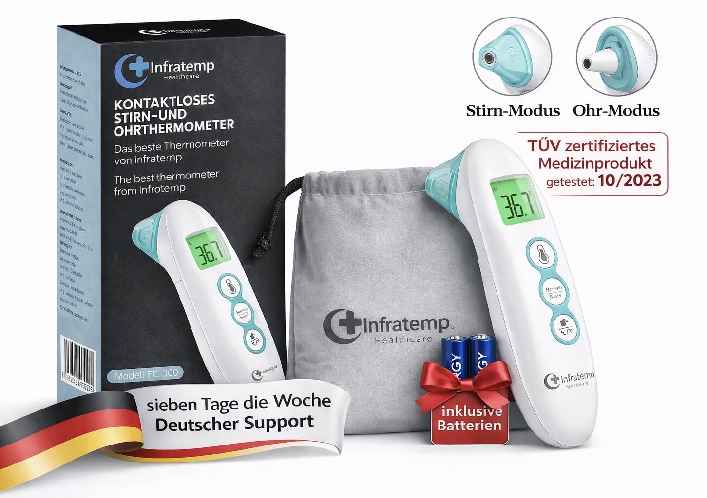 Fieberthermometer, berührungslos für Stirn und Ohr, Alterspräzision, Farbdisplay, Speicher für Babys/Kinder/Erwachsene, 3 in 1 Meter – Bild 6
