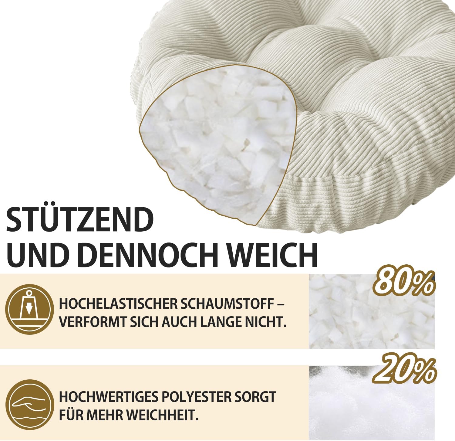 Rundes Sitzkissen, 30 x 30 cm, rutschfest, waschbar, Sitzkissen, bequemes Stuhlkissen, 6 cm dick, waschbares Stuhlkissen aus Cordstoff, für Innen, Küche, Garten, Holzstühle – Bild 5