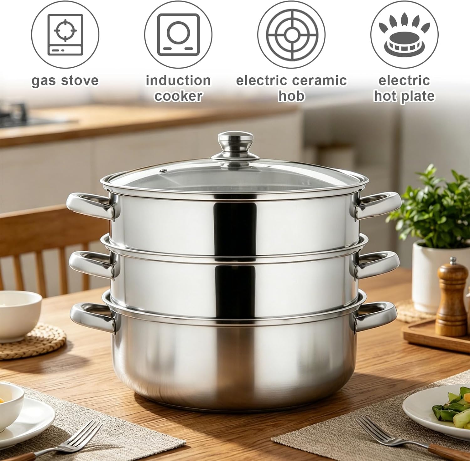 Dampfgarer 28 cm Edelstahl 3 Etagen - Dampftopf Induktion Geeignet - Dampfgarer Topf mit Dämpfeeinsatz - Großer Steamer Pot für Gemüse, Fisch & Mantowarka - Stapelbar – Bild 5