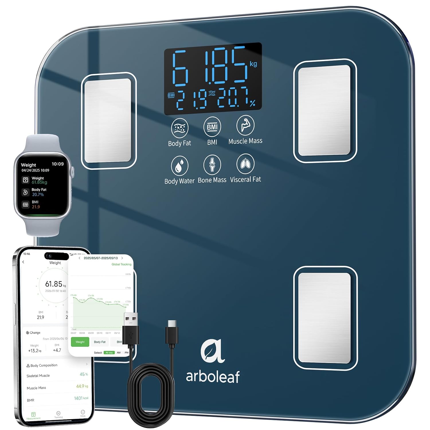 arboleaf Körperfettwaage USB wiederaufladbar, Körperanalysewaage mit zweireihigem LED-Display, Waage mit Körperfett und Muskelmasse für BMI & 14 Werte, digitale Personenwaage ohne Batterie bis 180 kg
