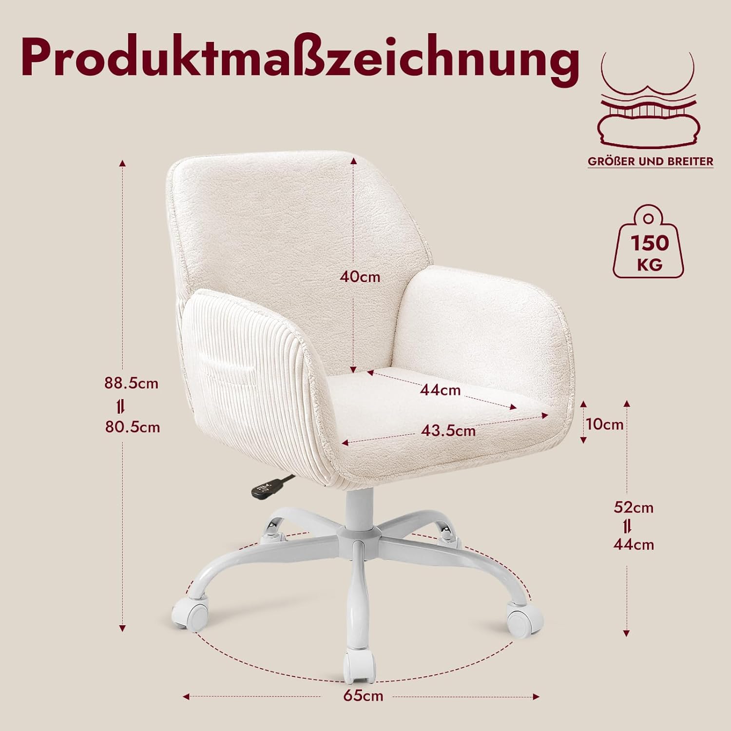 Bürostuhl, Schreibtischstuhl, Heimbürostuhl, Schminktischstuhl – Sherpa- und Cordstoff, ergonomisch mit Armlehnen, höhenverstellbar, 360° drehbar, leise Räder, breiter Sitz, stabil – Bild 2