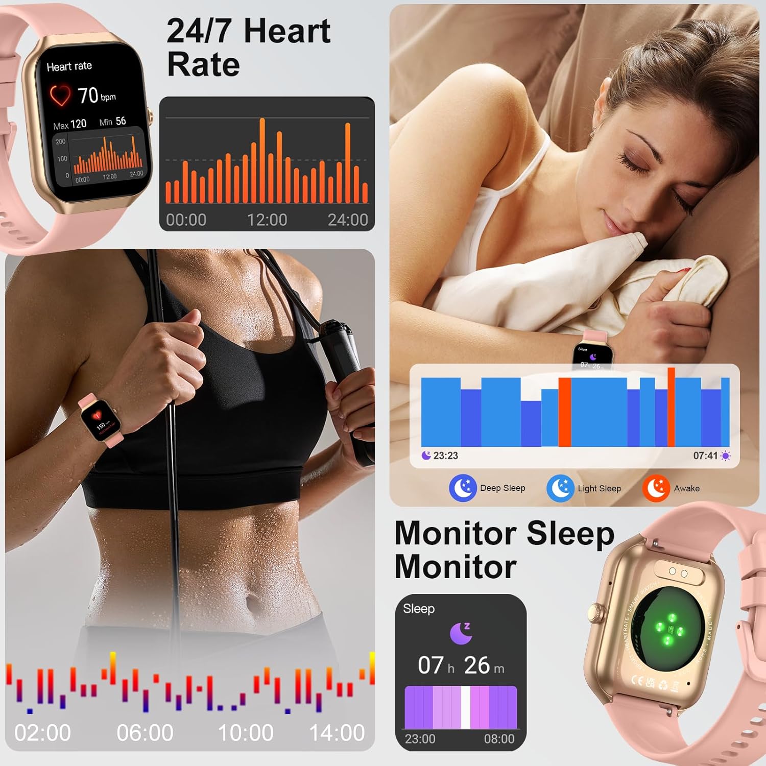 Smartwatch Damen Herren mit Telefonfunktion, 1,96 Zoll Fitnessuhr mit Herzfrequenz SpO2 Schlafmonitor Schrittzähleruhr IP68 Wasserdicht Smartwatch mit 113+ Sportmodi, Sportuhr für Android iOS – Bild 3