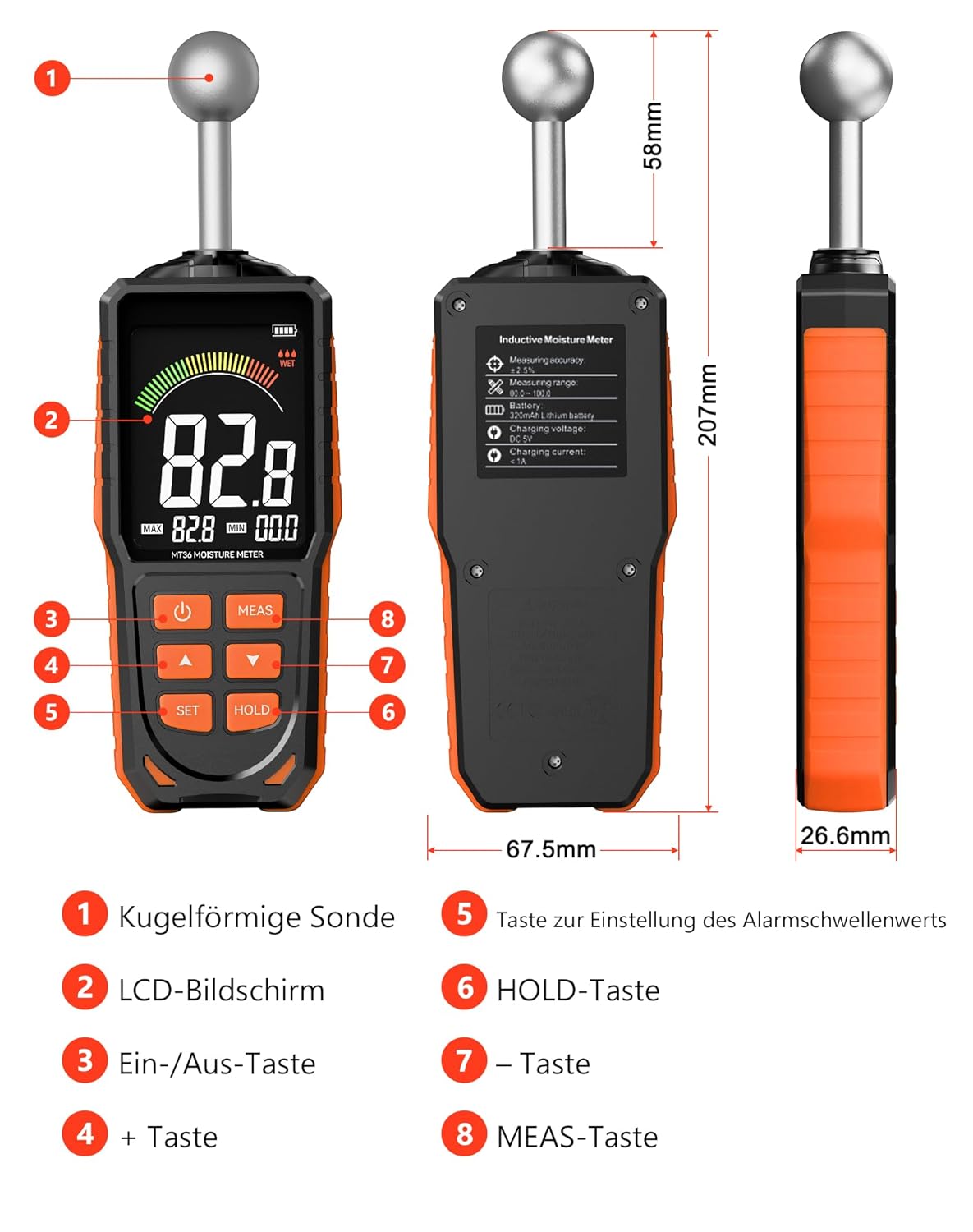 Feuchtigkeitsmesser für Wand und Holz, zerstörungsfreies Feuchtigkeitsmessgerät mit Kugelsensor, 40 mm Tiefenscan, wiederaufladbarer USB-C-LCD-Farbbildschirm-Feuchtigkeitsmesser für Beton, Estrich, Wohnmobil-Inspektion – Bild 6