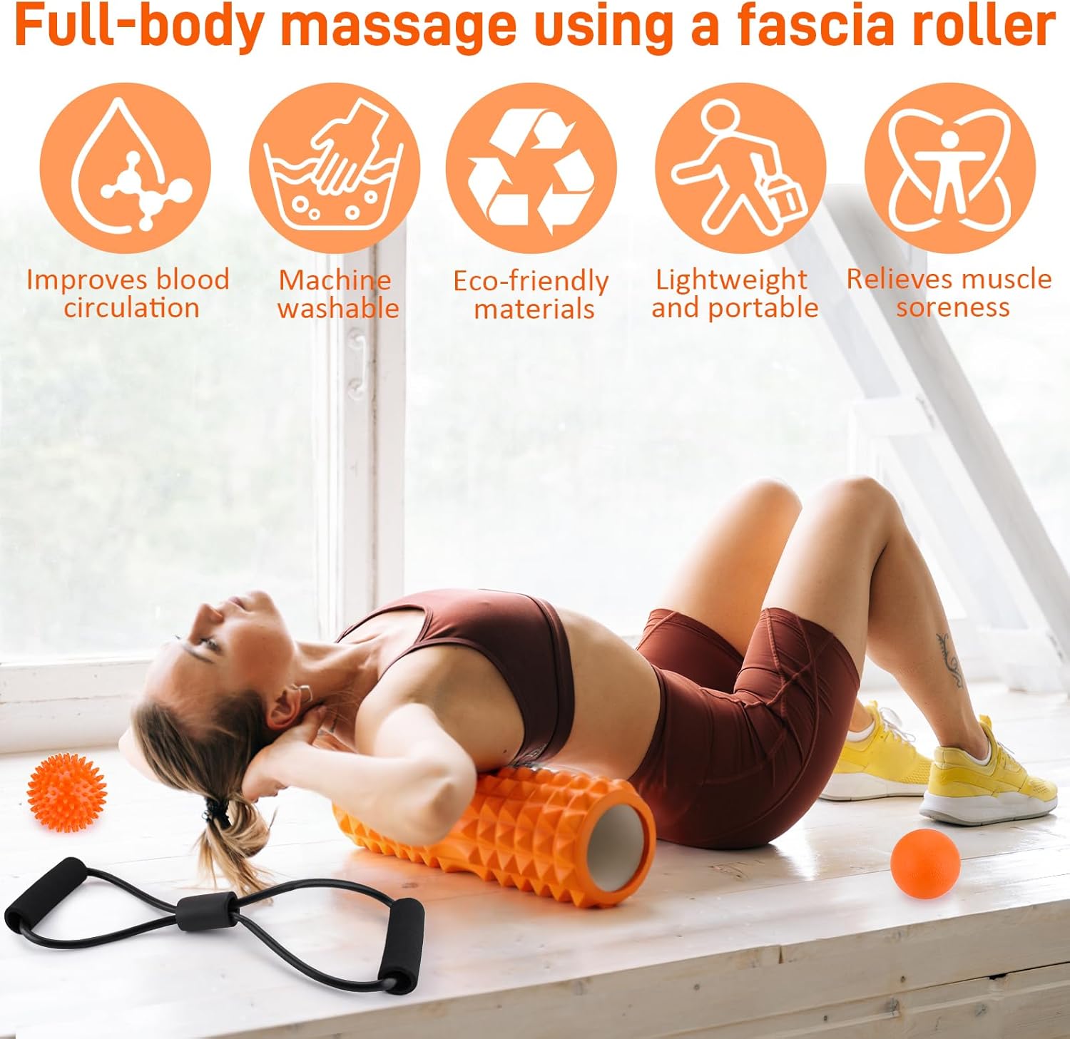 7-in-1 Faszienrollen-Set, PP/EVA-Schaumstoffrolle, Faszienset mit Faszienrolle Wirbelsäule, Massagerolle, Massageball, Spanner, Widerstandsband für Tiefenmuskelmassage, Yoga, Pilates, Fitnessrolle – Bild 5