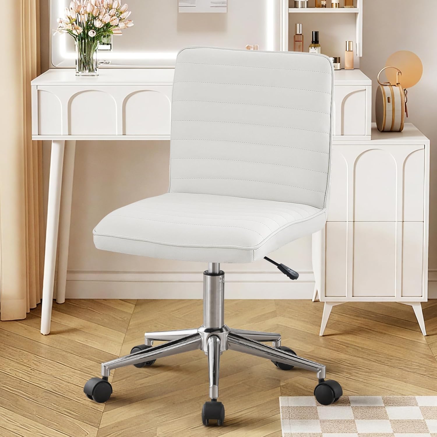 Hellove Bürostuhl, Schreibtischstuhl, ergonomischer PU-Leder-Drehstuhl ohne Armlehnen, höhenverstellbar, Home-Office-Stuhl, 360° drehbar, für Arbeitszimmer, Büro, Wohnzimmer, Schlafzimmer, Weiß – Bild 8