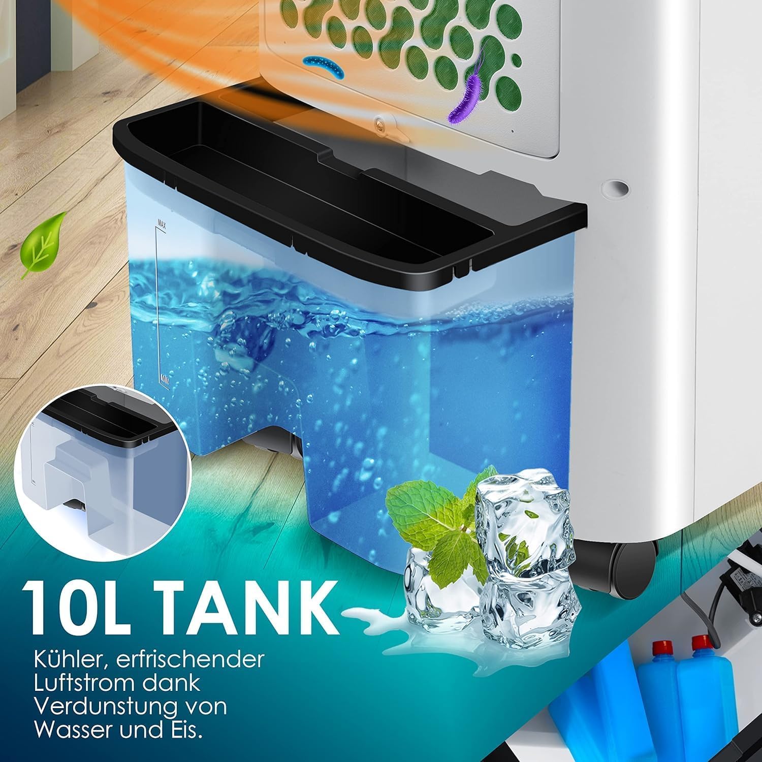 KESSER® Mobile Klimaanlage 4in1 Luftkühler – Air Cooler mit Fernbedienung & Timer, 10L Wassertank, Ionisator & Luftbefeuchter, Ventilator Klimagerät ohne Abluftschlauch, 3 Stufen inkl. Kühlakkus – Bild 5