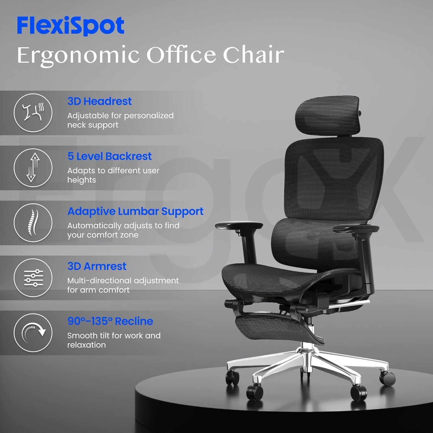 FLEXISPOT ErgoX Ergonomischer Bürostuhl, Schreibtischstuhl mit Fußstütze, 3D-Armlehnen, 3D-Kopfstütze, 5D-Rückenlehne, atmungsaktiver Sitz, 136 kg maximale Belastbarkeit, Schwarz – Bild 3