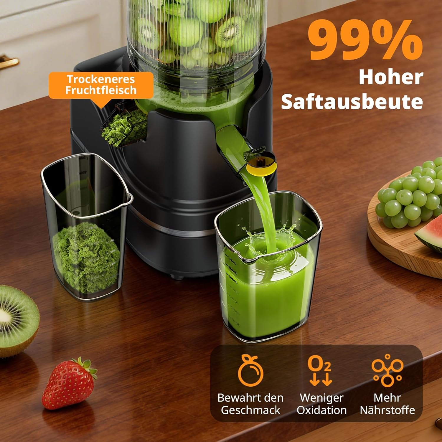 AIRMSEN Entsafter – Slow Juicer mit 147 mm extra großem Einfüllschacht, 2,1 l Fassungsvermögen, 300 W Motor, 7+1 Stufen, verbesserte langsame Spirale, hohe Saftausbeute für ganze Früchte und Gemüse, schwarz – Bild 6