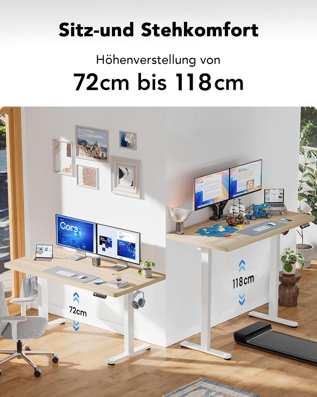 HUANUO Höhenverstellbarer Schreibtisch, 120 x 80 cm, 25 mm, ganze Tischplatte mit bürstenlosem Motor, ergonomischer Schreibtisch, höhenverstellbar, einfache Montage, elektrischer Stehschreibtisch für das Heimbüro – Bild 7