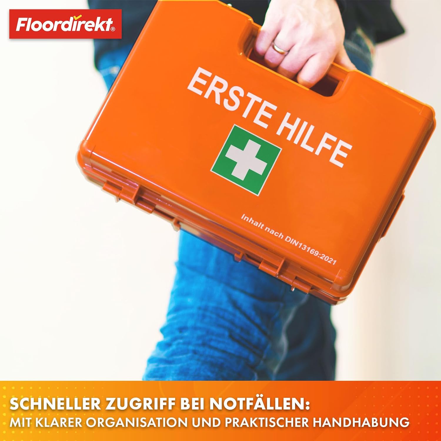 KARAT Mittelgroßer Erste-Hilfe-Kasten für Gewerbe & Haushalt DIN 13169:2021 gefüllt inkl. Wandhalterung | 1 Erste-Hilfe-Set für Büro und Gastronomie, Notfallbox für bis zu 100 Mitarbeiter (32 x 22 x 13 cm) – Bild 3