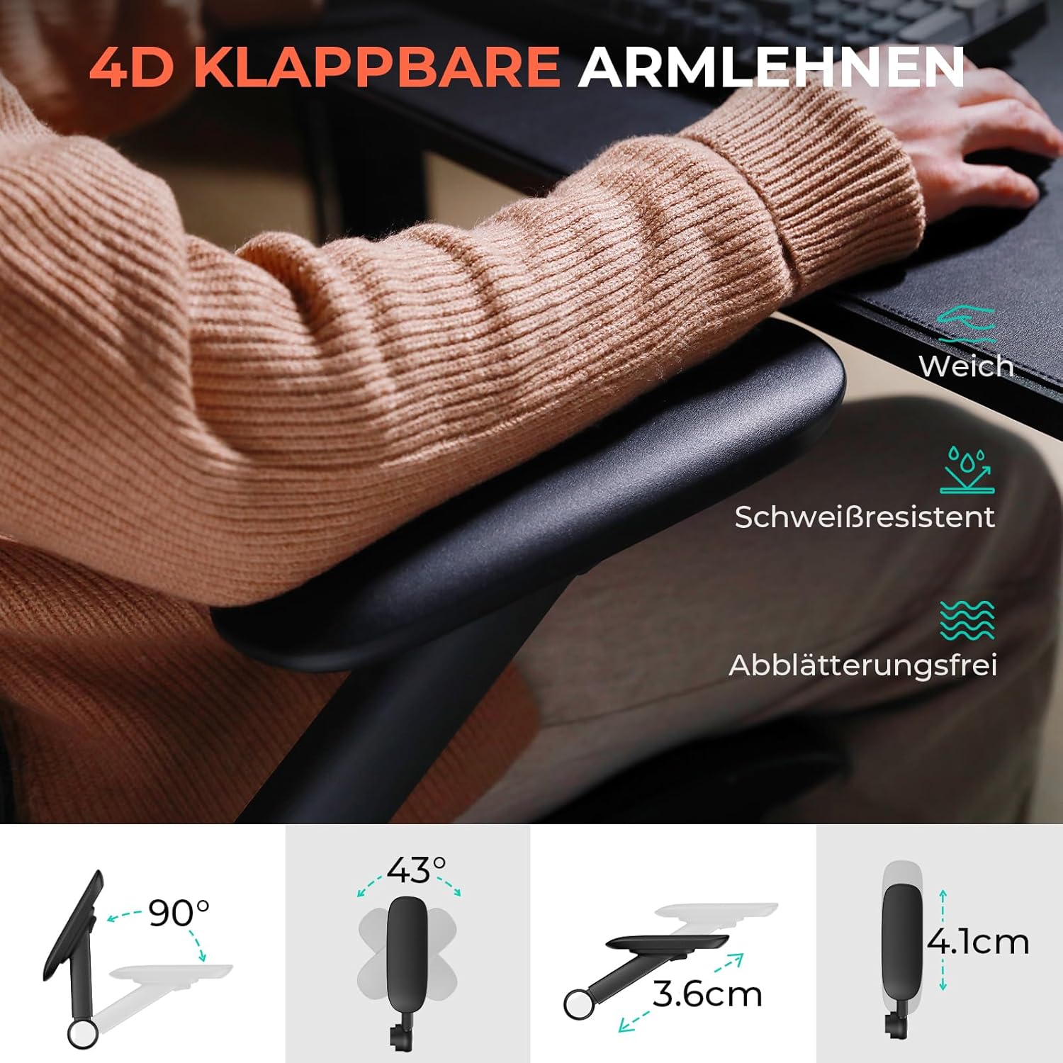 CAPOT Ergonomischer Bürostuhl aus Netzstoff, verstellbarer Schreibtischstuhl mit hoher Rückenlehne, 180 kg, 4D-Klapparme, 3-stufige neigbare Rückenlehne, 3D-Kopfstütze, PU-Räder, drehbarer Computerstuhl für – Bild 6