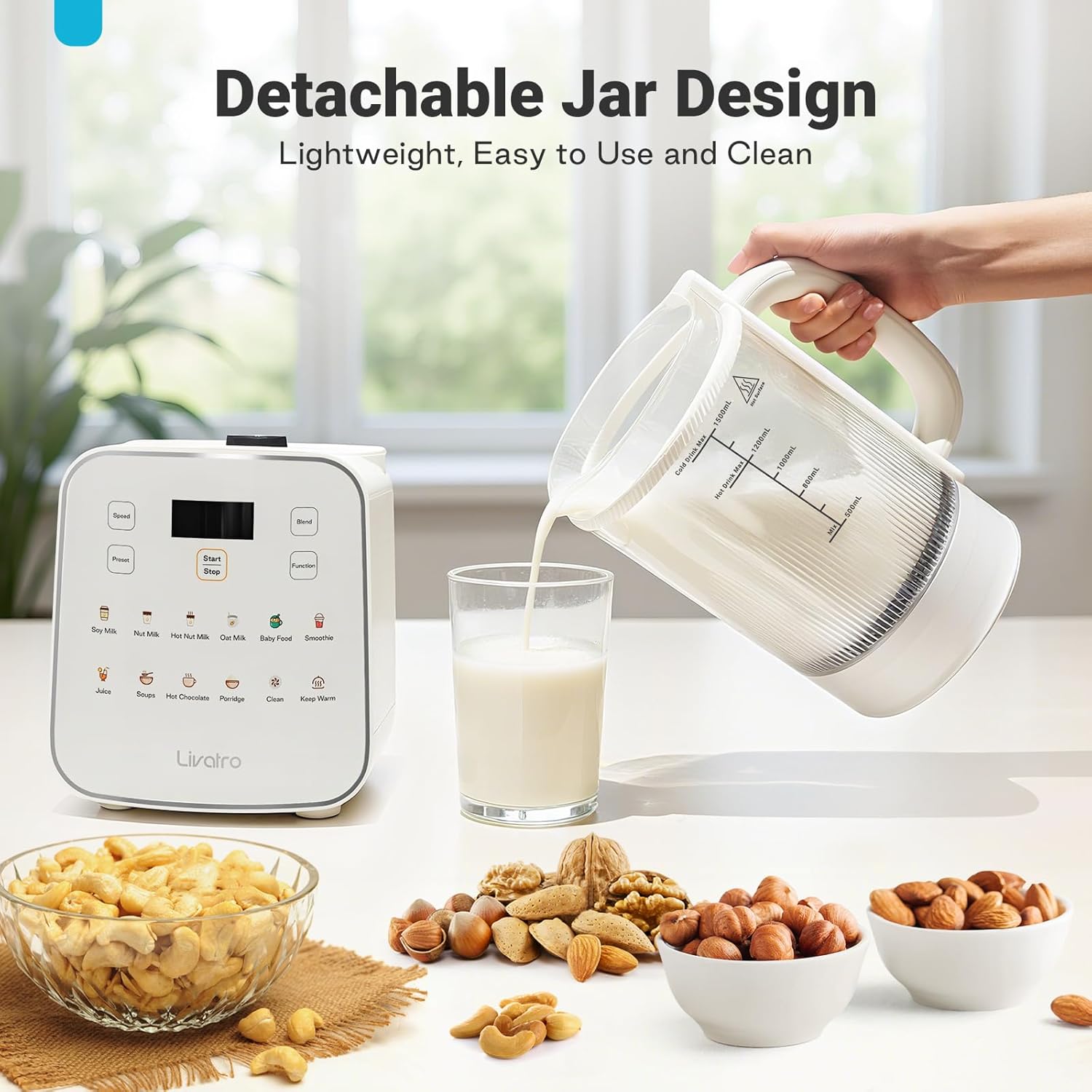 Livatro Nussmilchbereiter, 12-in-1,1,5 l, automatischer Sojamilchbereiter, abnehmbares Design, Mandel-/Hafermilch & Saft, 24-Stunden-Timer, Warmhalten, Selbstreinigung, Sicherheitsverriegelung (Beige1) – Bild 3