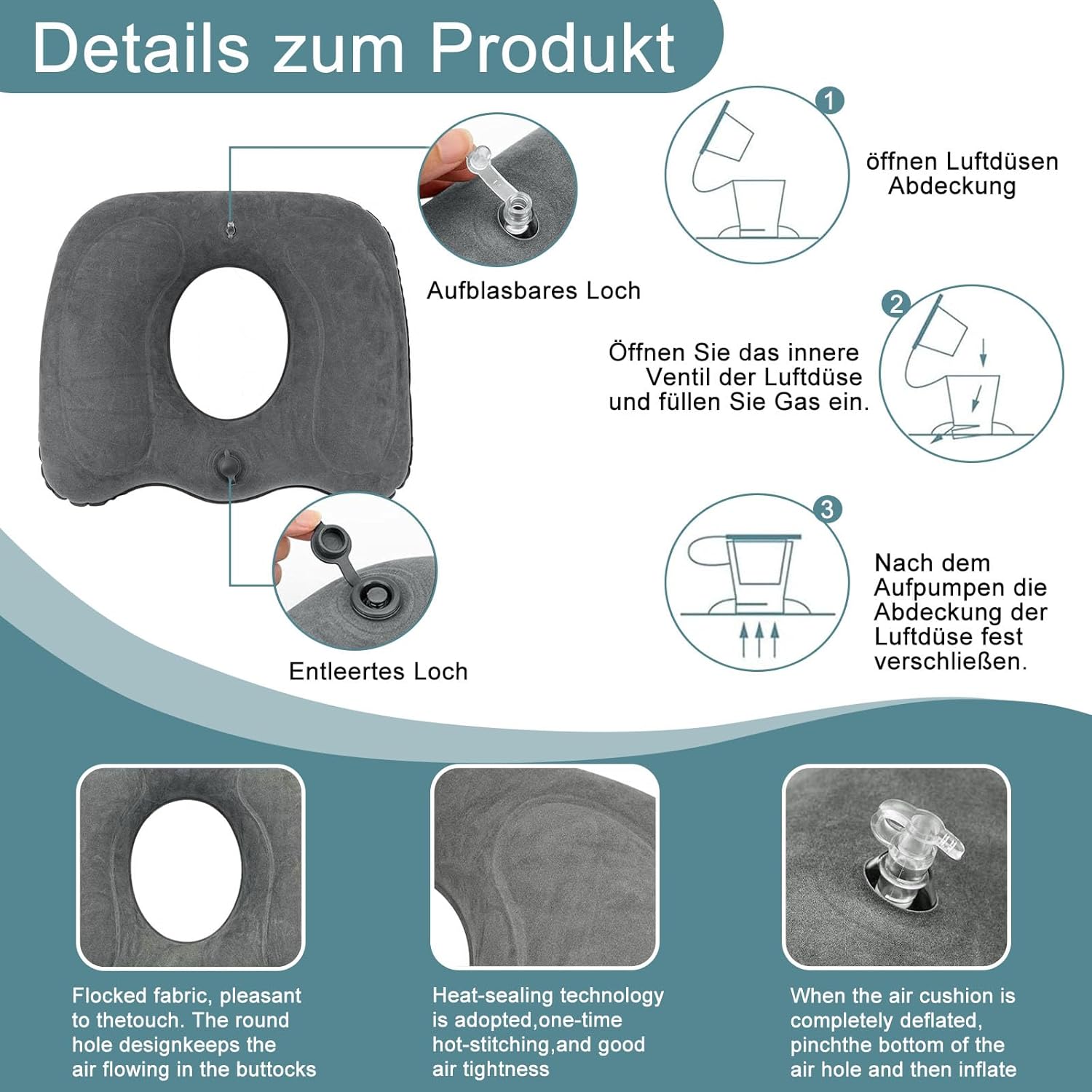 Aufblasbares Hämorrhoidenkissen, orthopädisches Sitzkissen, Donut-Kissen gegen Steißbeinschmerzen, Hämorrhoiden-Sitzkissen, rundes Hämorrhoiden-Sitzkissen für Rollstühle, Bürostühle, Autositz (grau) – Bild 5