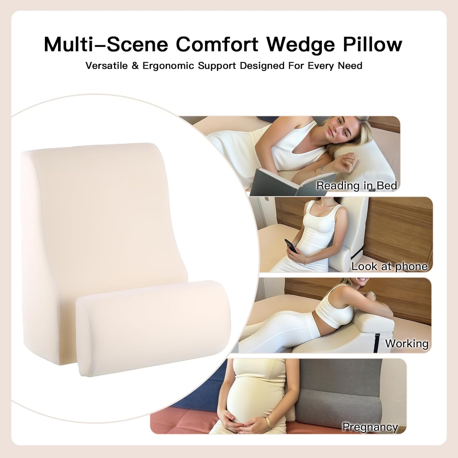 WSJHNLBEDC Lesekissen/Rückenkissen für Bett und Sofa, orthopädisches Keilkissen aus Memory-Schaum, verstellbare Kopfstütze und abnehmbarer Bezug für Rücken, Nacken und Beine, Beige, 57 x 45 x 30 cm – Bild 3