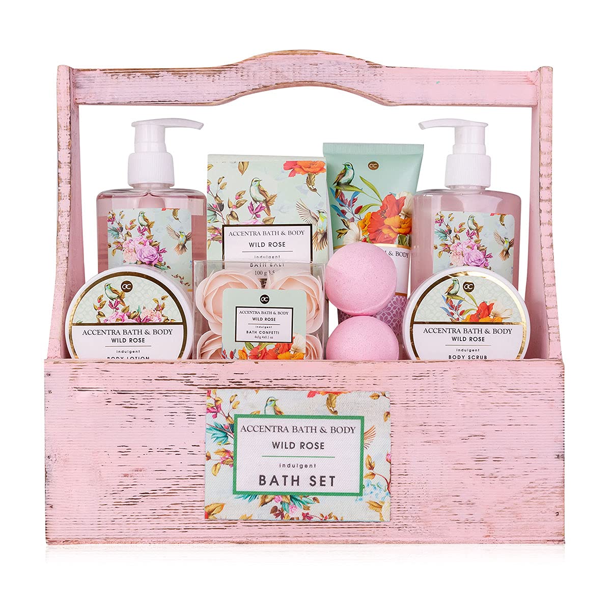 Accentra Duschset Damen Geschenkset im Holzkorb – 8-teiliges Pflegeset mit Duschgel, Körperlotion, Badezusätzen, Peeling & Handcreme – Wellness-Geschenkset für Geburtstag, Valentinstag & Weihnachten