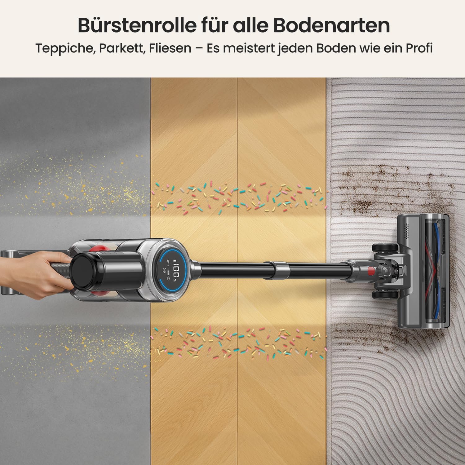 Xlife Akku-Staubsauger 550 W, 45000 Pa Saugleistung, 40 Minuten Laufzeit, Anti-Haar-Wickelbürste, grüner Staubsensor, HEPA-Filter, für Tierhaare, Teppich, Hartböden – P2 (Hellgrau) – Bild 7