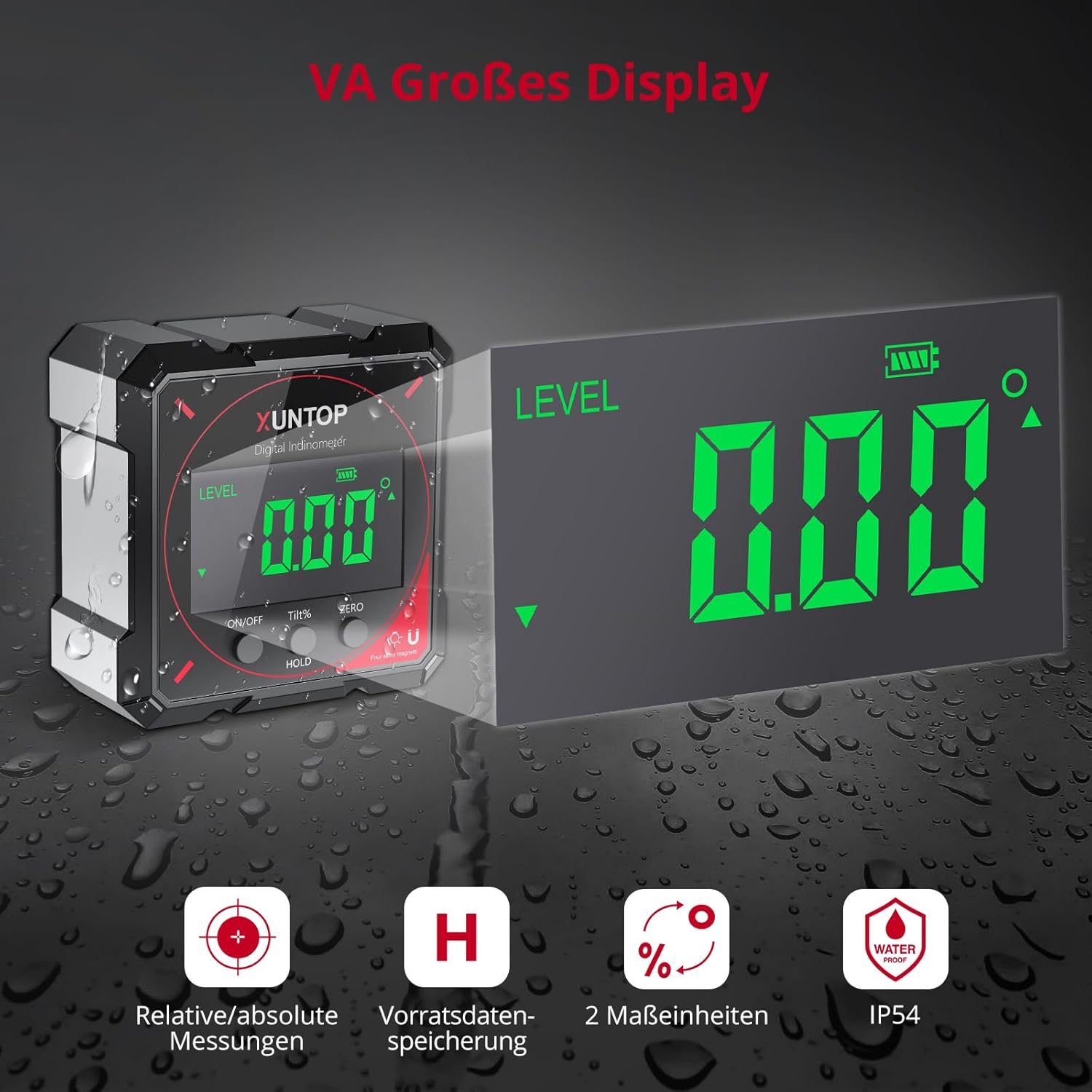XUNTOP Digitaler Winkelmesser-Neigungsmesser mit LCD-Display, Typ-C-Schnittstelle, IP54, wasserdicht, magnetische Nivellierbox, Nivellierbox für Holzbearbeitung, Bau, Dekoration, Heimwerken – Bild 2