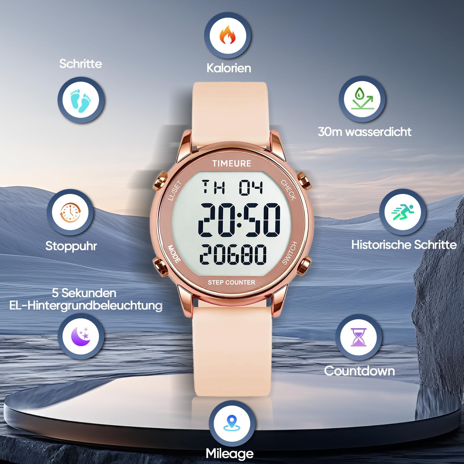 TU-2509 Schrittzähler-Uhr für Damen, Schrittzähler zum Gehen, keine App/Telefon erforderlich, wasserdichter Fitness-Kalorien-Tracker, Entfernungsmessung, Alarm, großes digitales Display, Uhr, TU-2509 – Bild 2