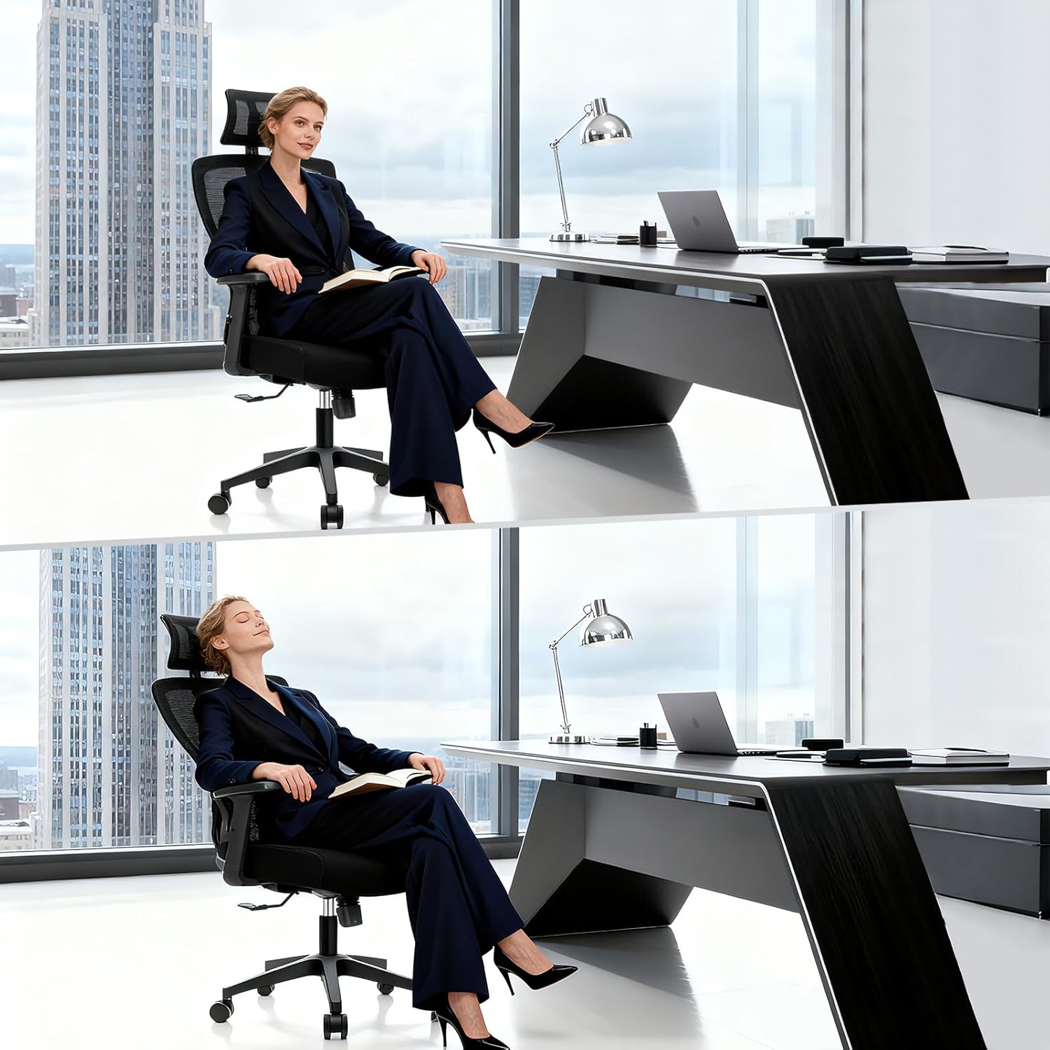Durrafy Ergonomischer Bürostuhl, Schreibtischstuhl mit hoher Rückenlehne, verstellbarer Lordosenstütze, Kopfstütze & Armlehnen, Drehstuhl mit Liegefunktion, Bürostuhl bis 150 kg belastbar, Schwarz – Bild 9