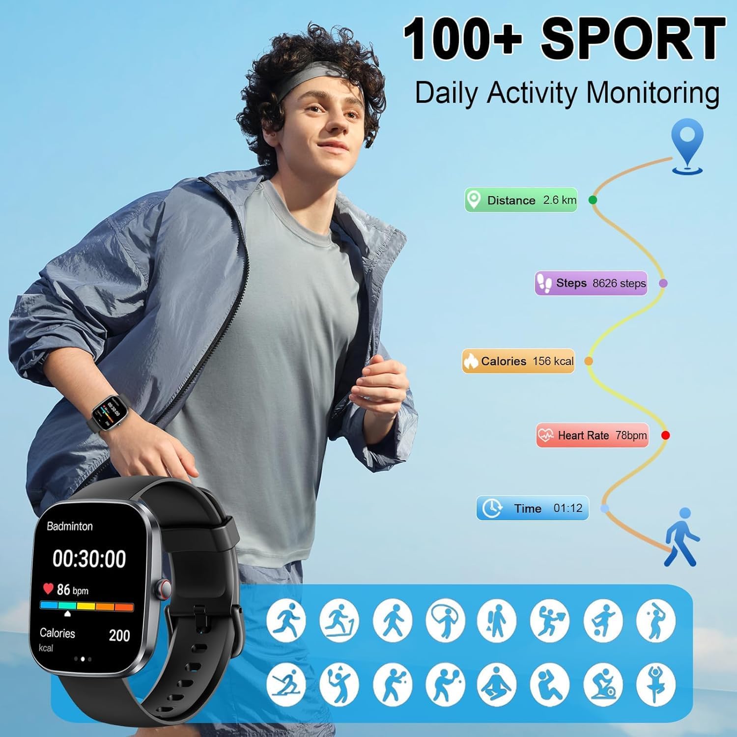 Soudorv Smartwatch Herren Damen mit Telefonfunktion, 1,91 Zoll HD Display Fitness Tracker, 1000 mAh Akku, 100 Tage Standby, 110+ Sportmodi, Fitnessuhr, Smartwatch, IPX7 Wasserdicht für iOS – Bild 5